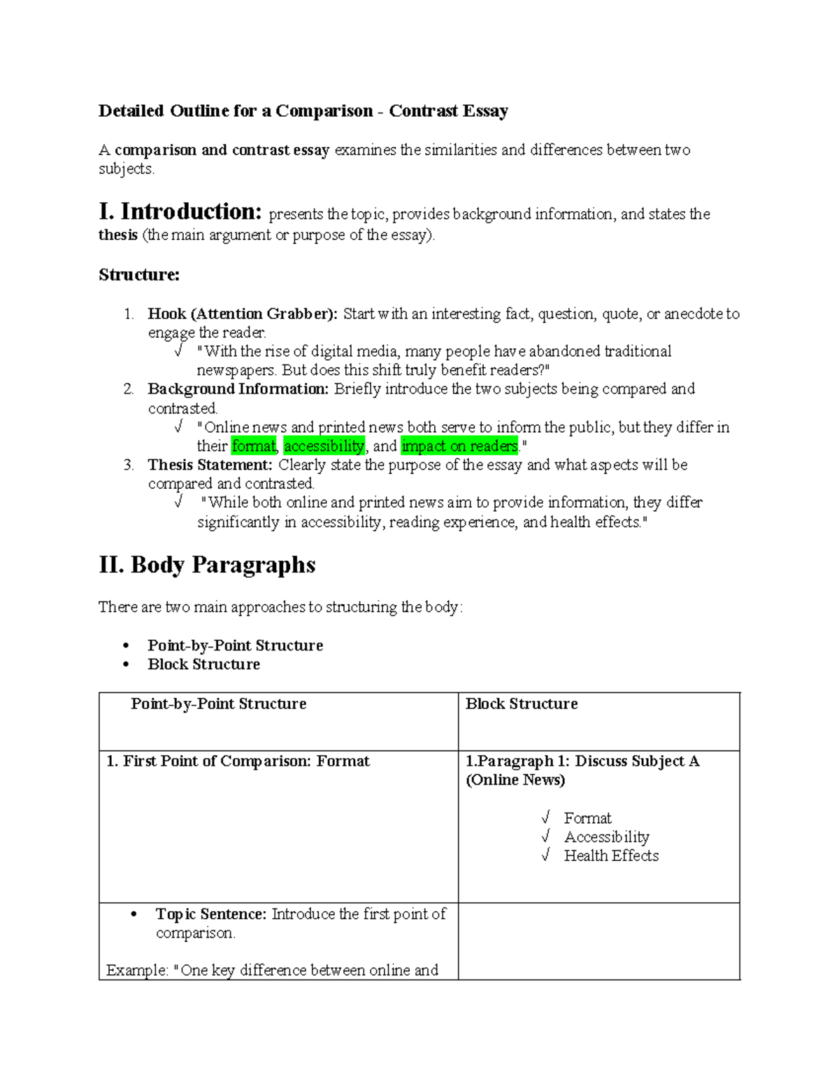 Comparison-Contrast Essay Outline: Online vs. Printed News - Studocu