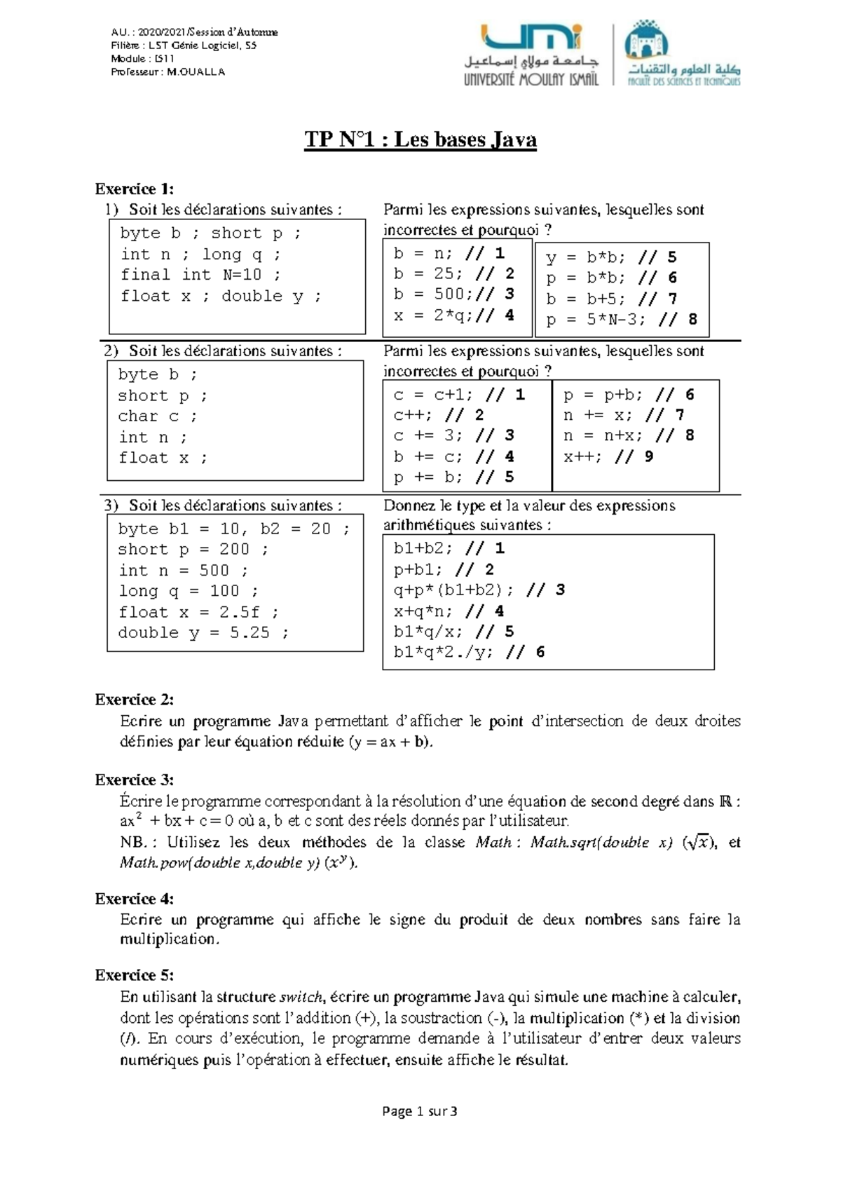 TP N1 - td java - Page 1 sur 3 AU. : 20 20 /202 1 /Session d’Automne ...