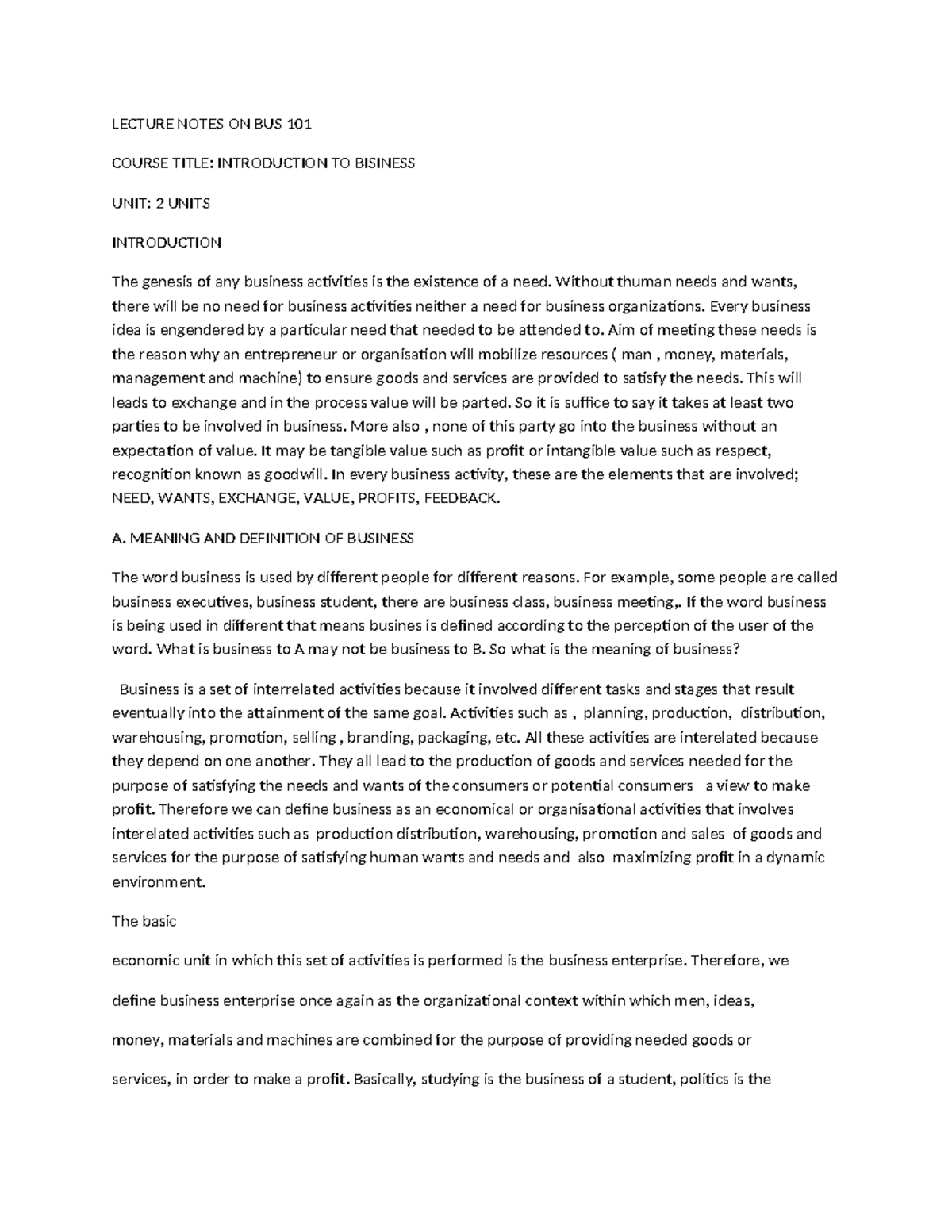 BUS 101 Lecture Notes: Understanding Business Fundamentals - Studocu