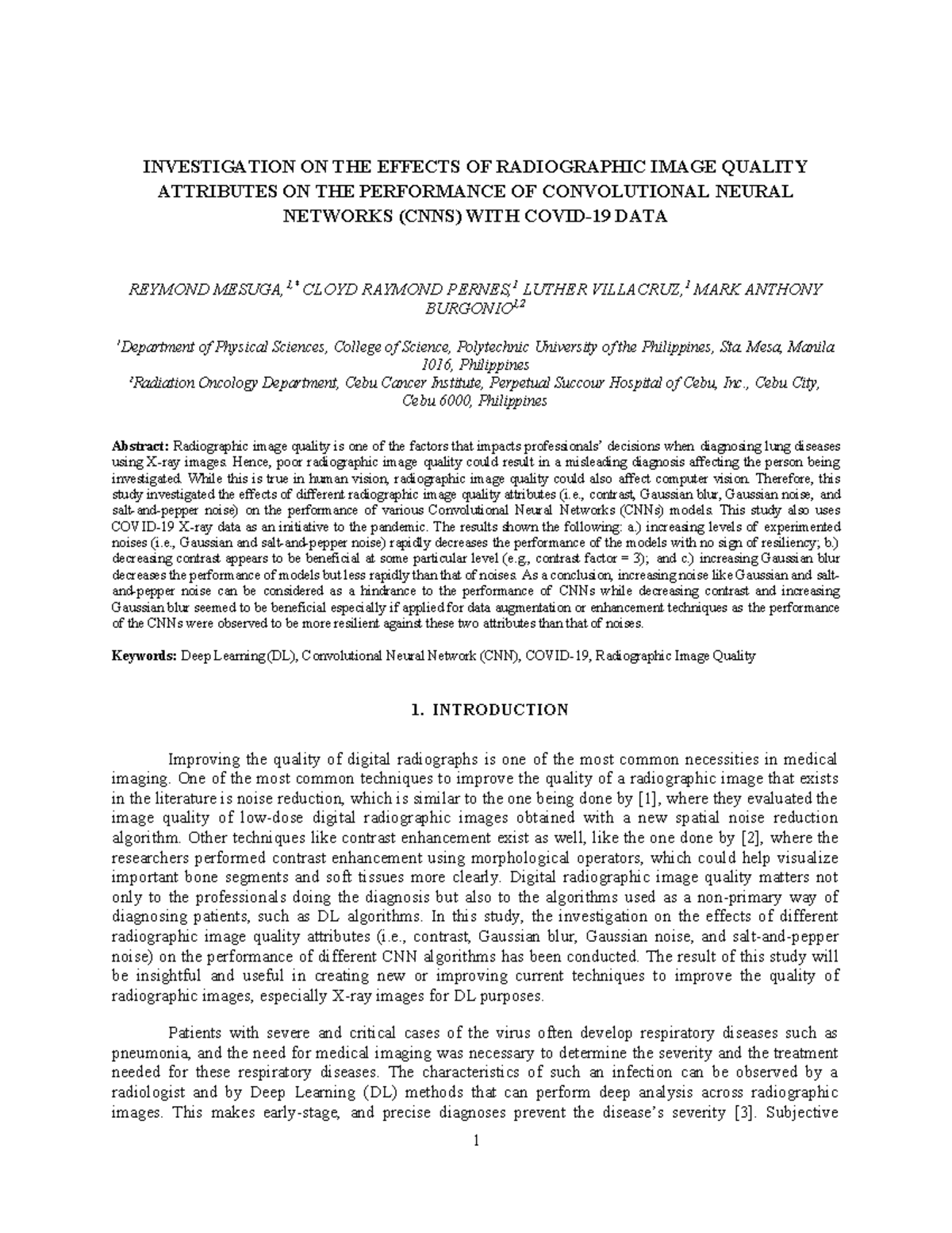 Effects of Radiographic Image Quality on CNN Performance: A COVID-19 ...