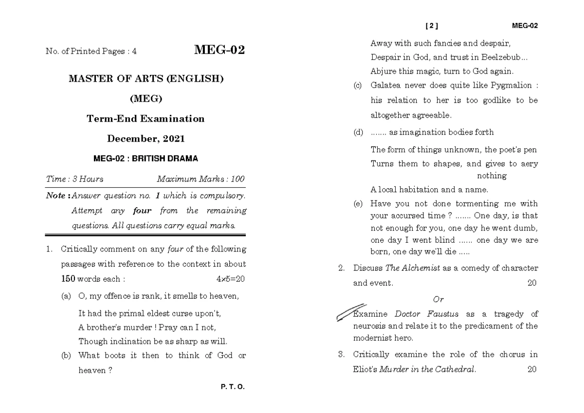 MEG-2 Feb 2021 - British Drama Exam Question Paper Analysis - Studocu