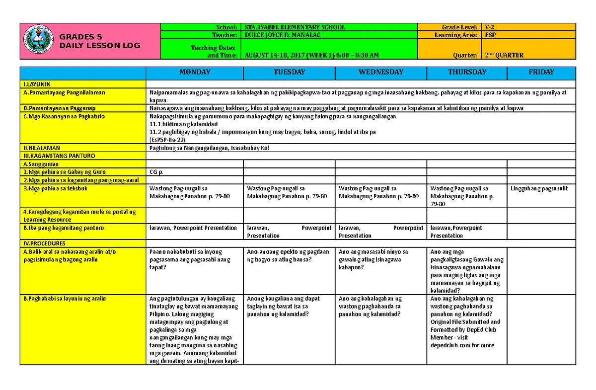 DLL ESP 5 Q2 W10 - DLL - GRADES 1 to 12 DAILY LESSON LOG School: BAGONG ...