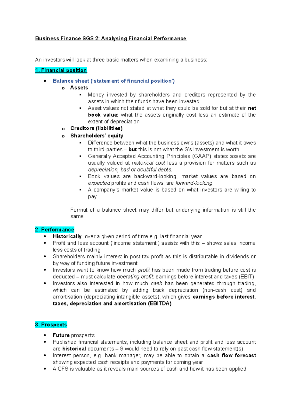 Business Finance SGS 2: Analyzing Financial Performance Concepts - Studocu