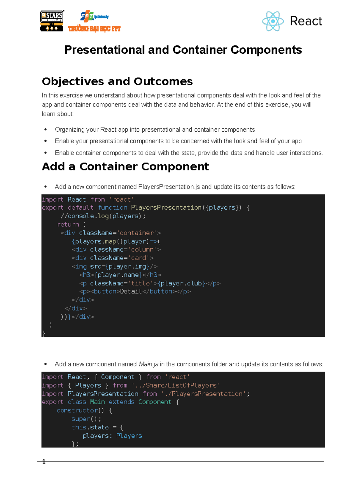 Exercise 9: Presentational & Container Components Overview - Studocu