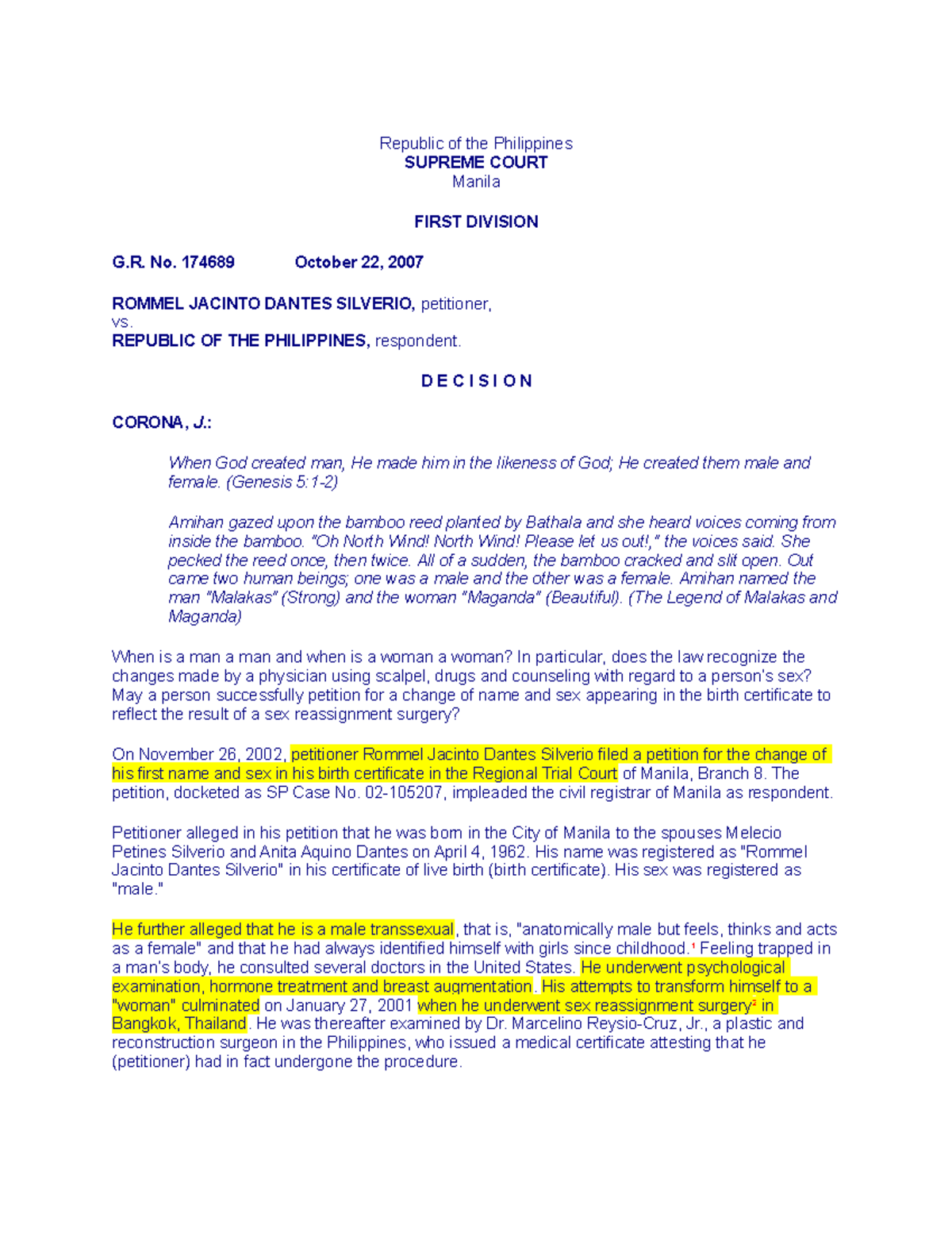 Silverio v. Republic: Supreme Court Ruling on Sex Reassignment Case ...