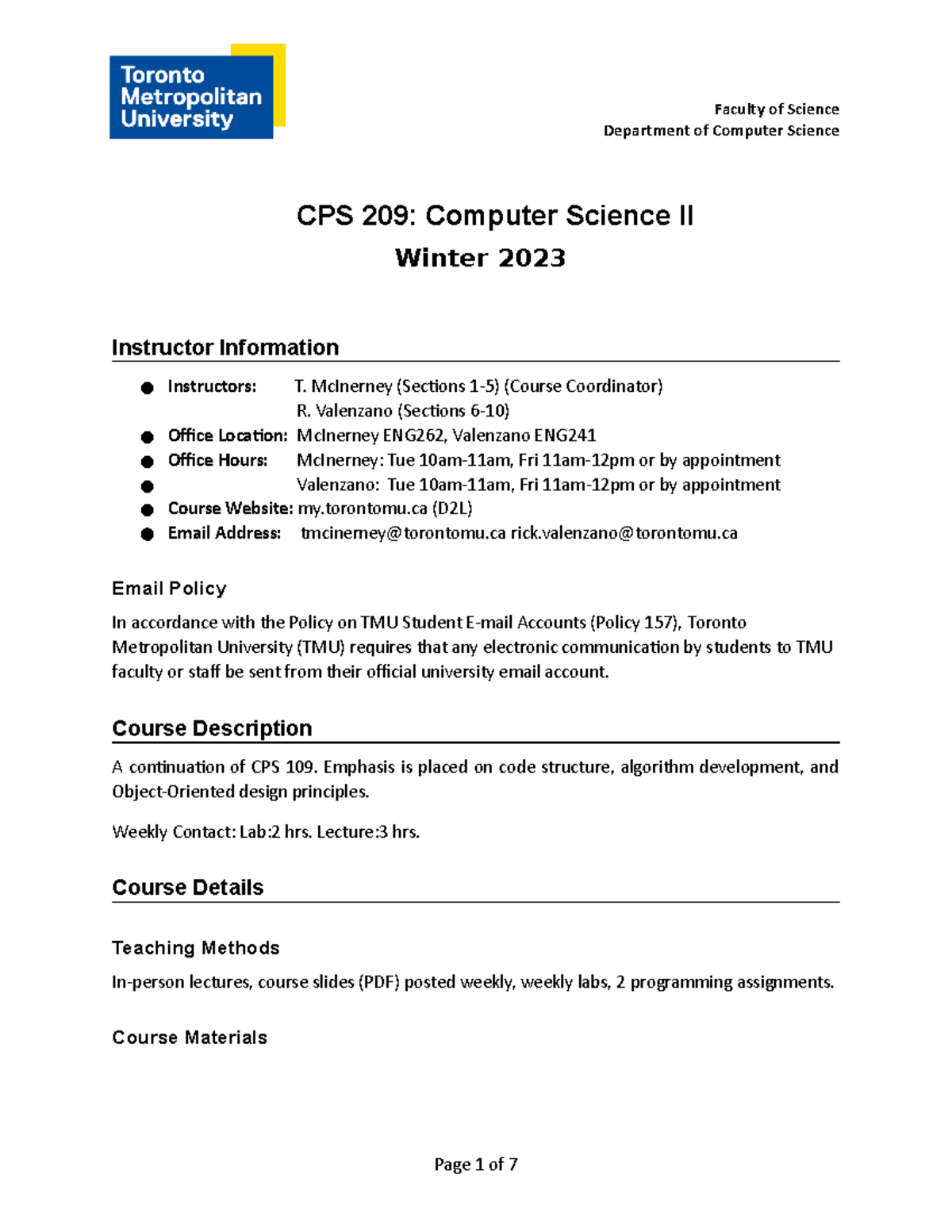 CPS209-Winter 2023 Course Outline and Syllabus Details - Studocu