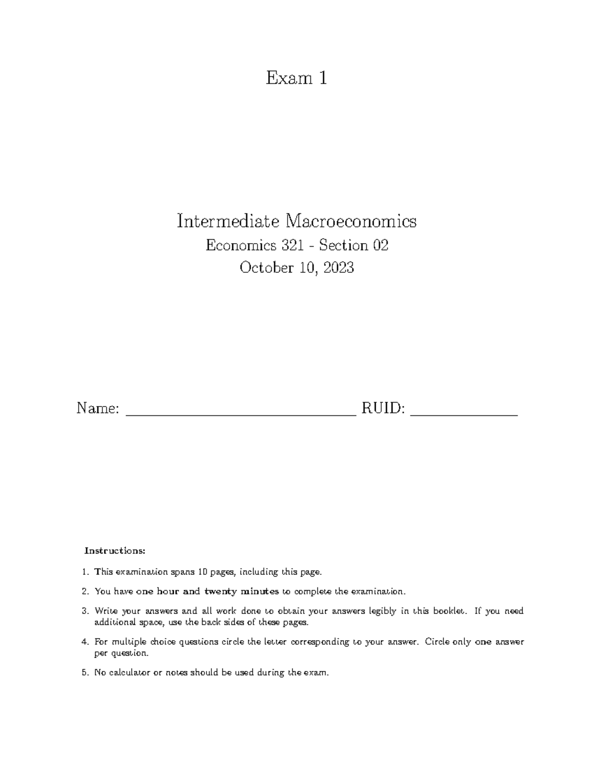Economics 321 - Midterm Exam 1 - Fall 2023 (Past Exam) - Studocu