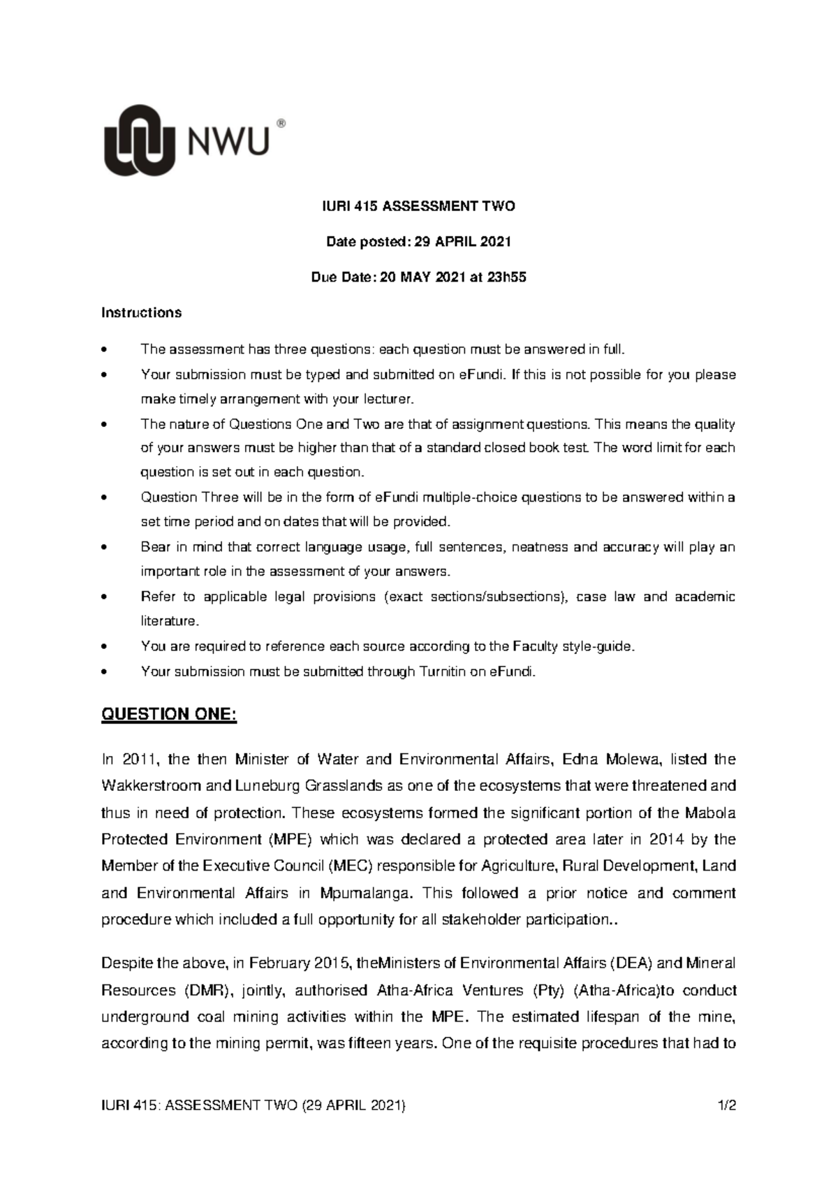 IURI 415 Assessment 2 Final Exam Guidelines (Due 20 May 2021) - Studocu
