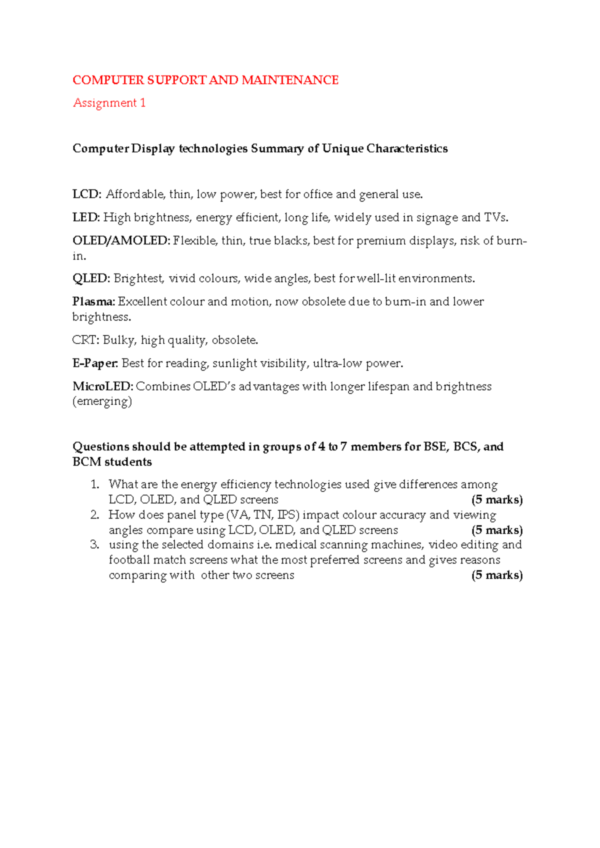 COMP 101: Computer Support & Maintenance - Display Tech Summary & Qs ...