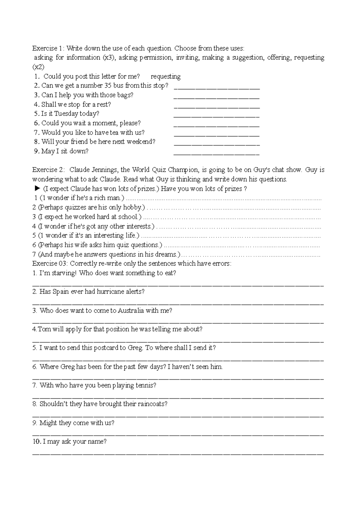 Questions Exercises: Uses, Thoughts, and Corrections - Studocu