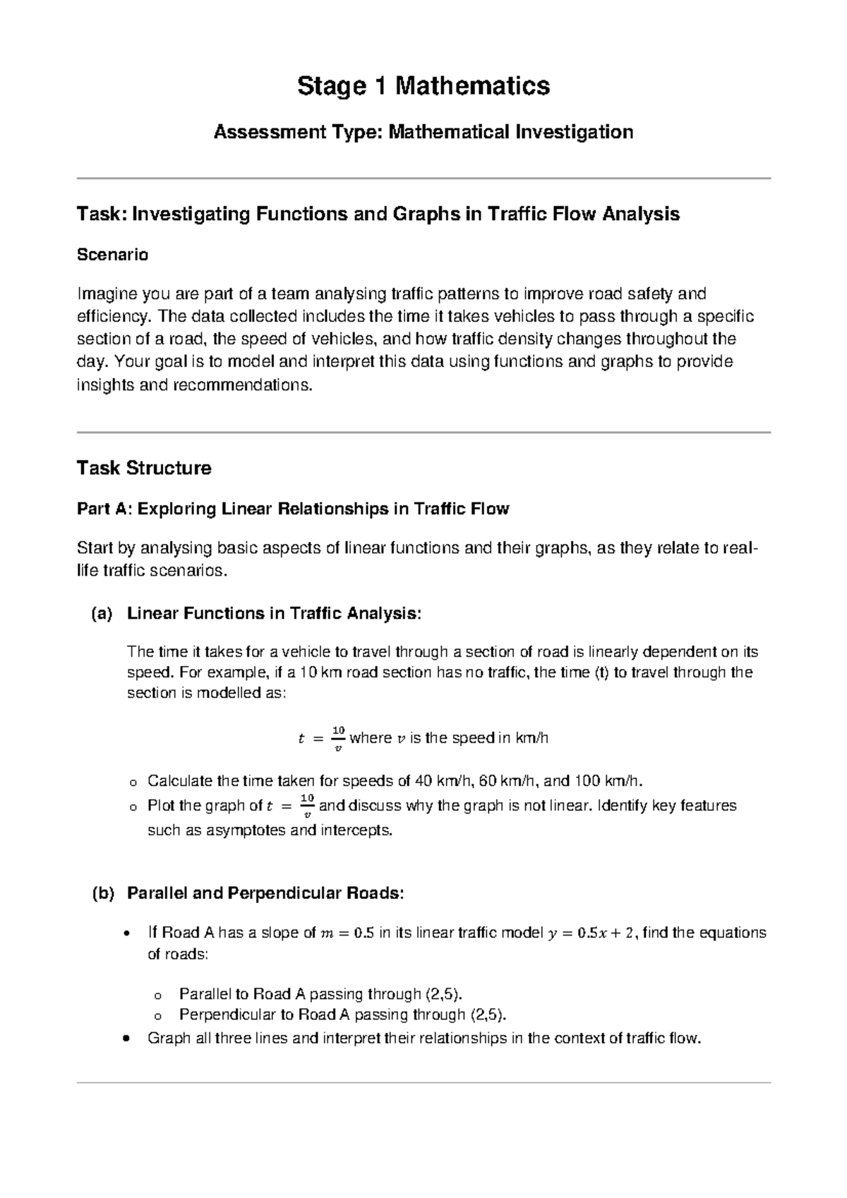 Stage 1 Mathematics Assessment: Functions & Graphs in Traffic Flow ...