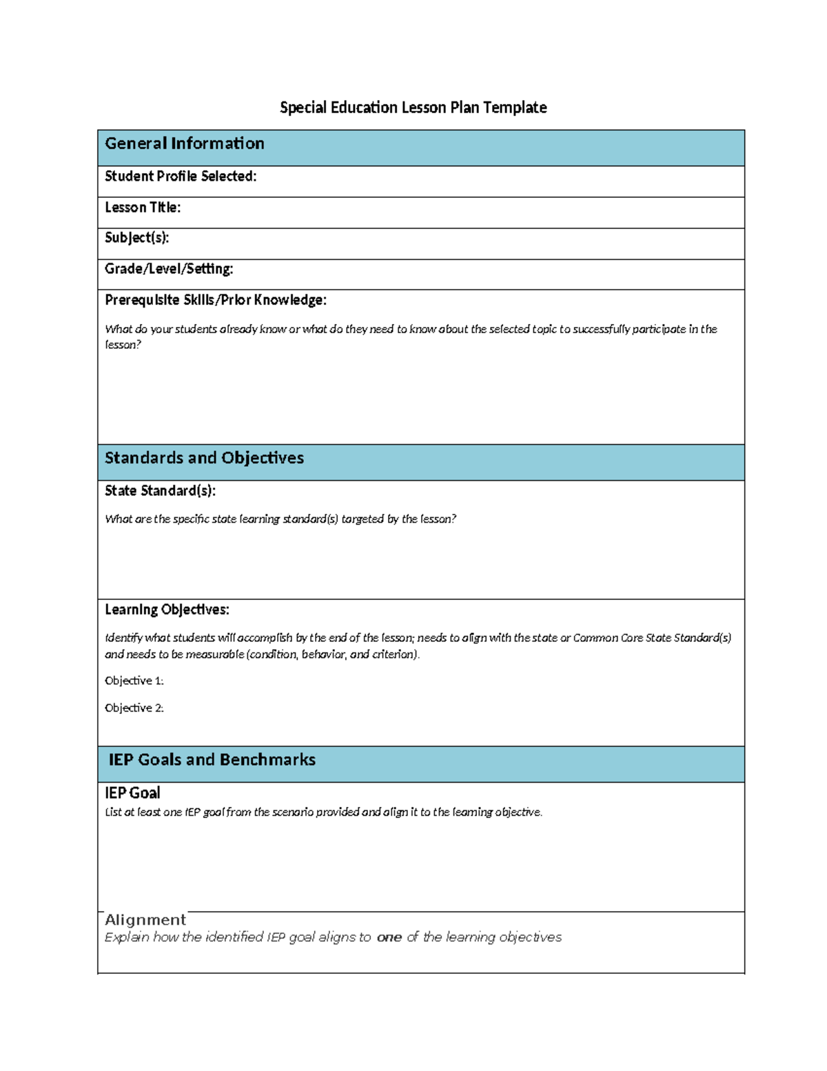 Special Education Lesson Plan Template for Effective Teaching - Studocu