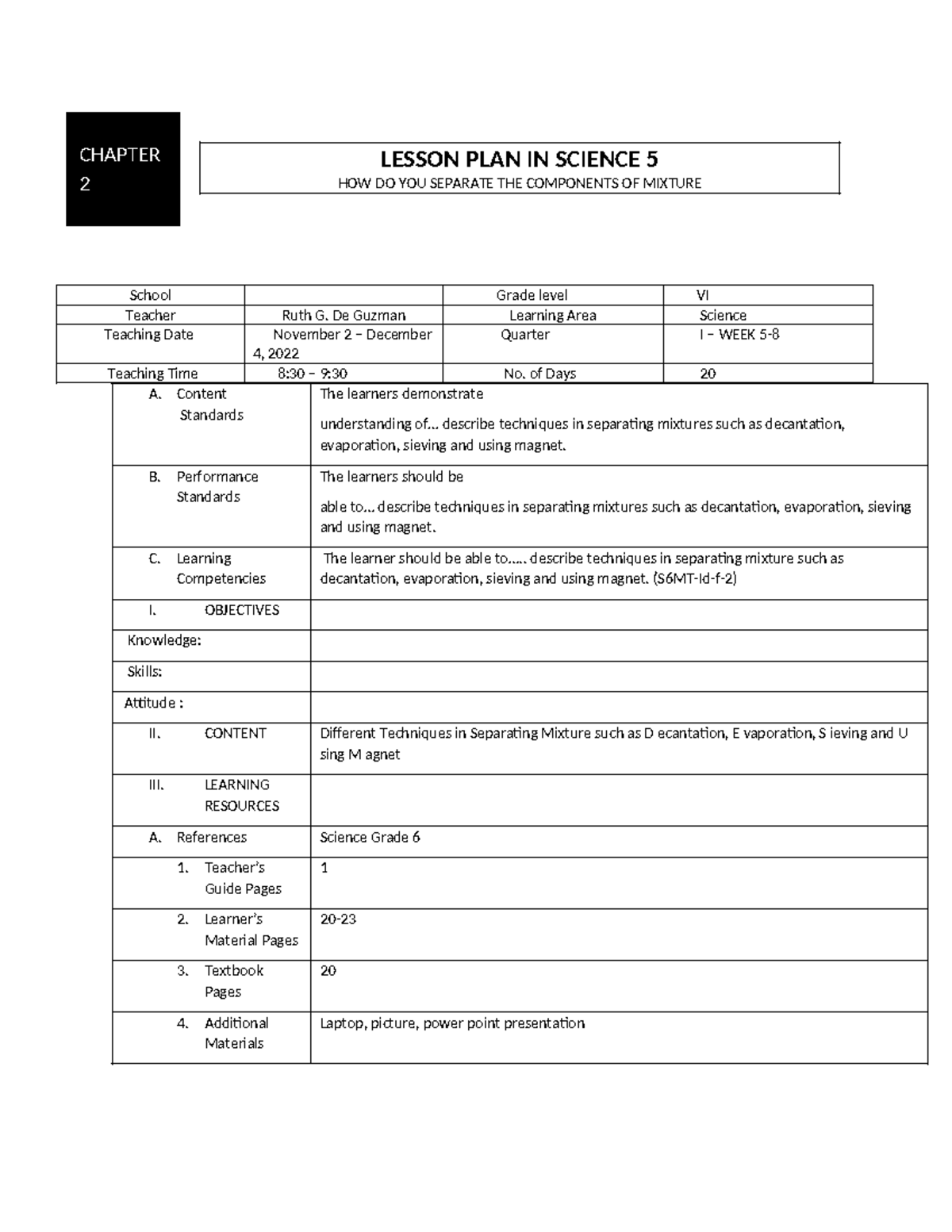 Lesson PLAN IN Science 6 - LESSON PLAN IN SCIENCE 5 HOW DO YOU SEPARATE ...