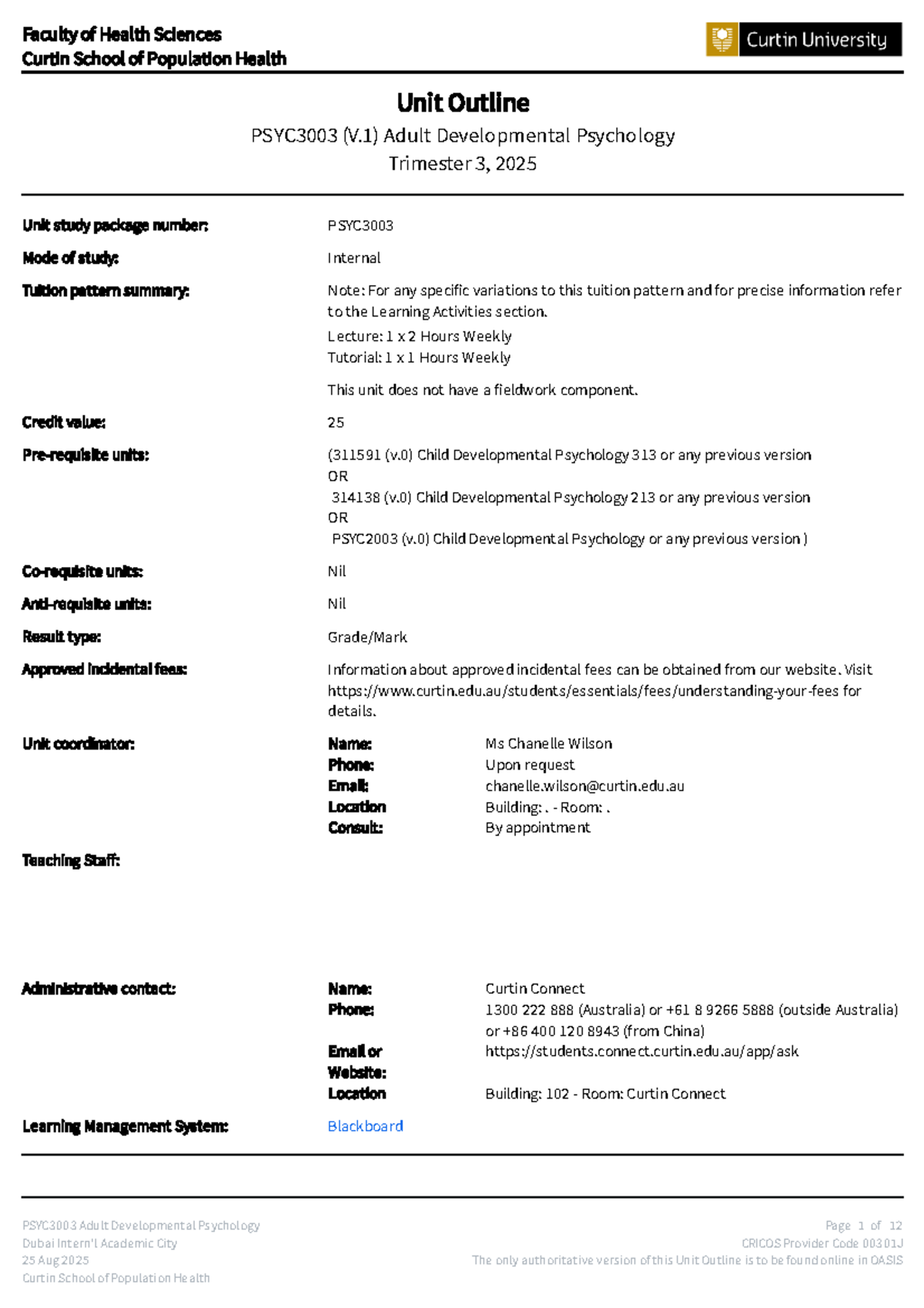 PSYC3003 Adult Developmental Psychology Unit Outline - Trimester 3 ...