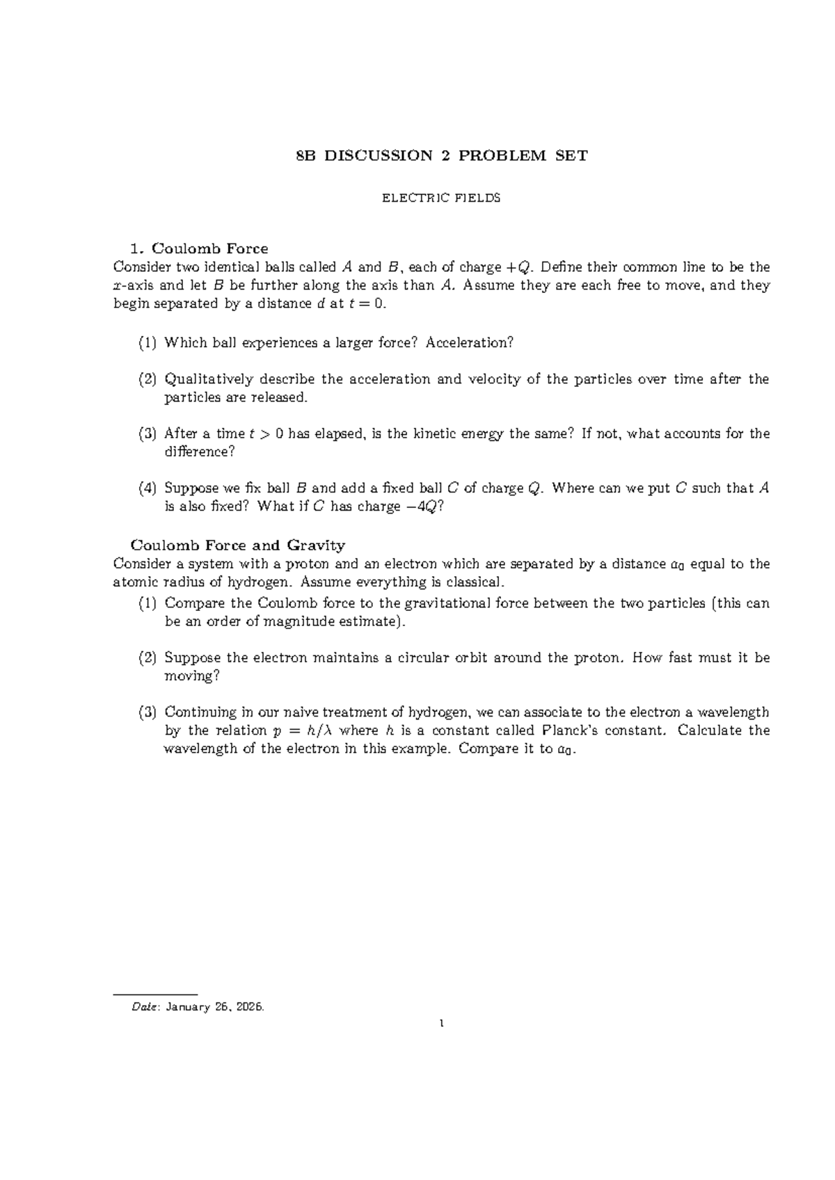 Physics 8B WS-2 Discussion: Electric Fields & Forces Analysis - Studocu