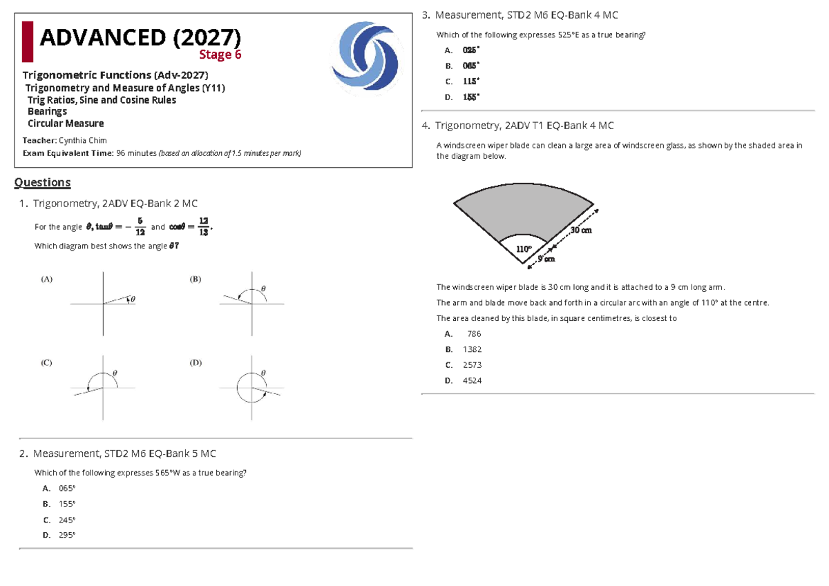 Advanced Trigonometry (2ADV T1) - Functions & Angle Measures - Studocu