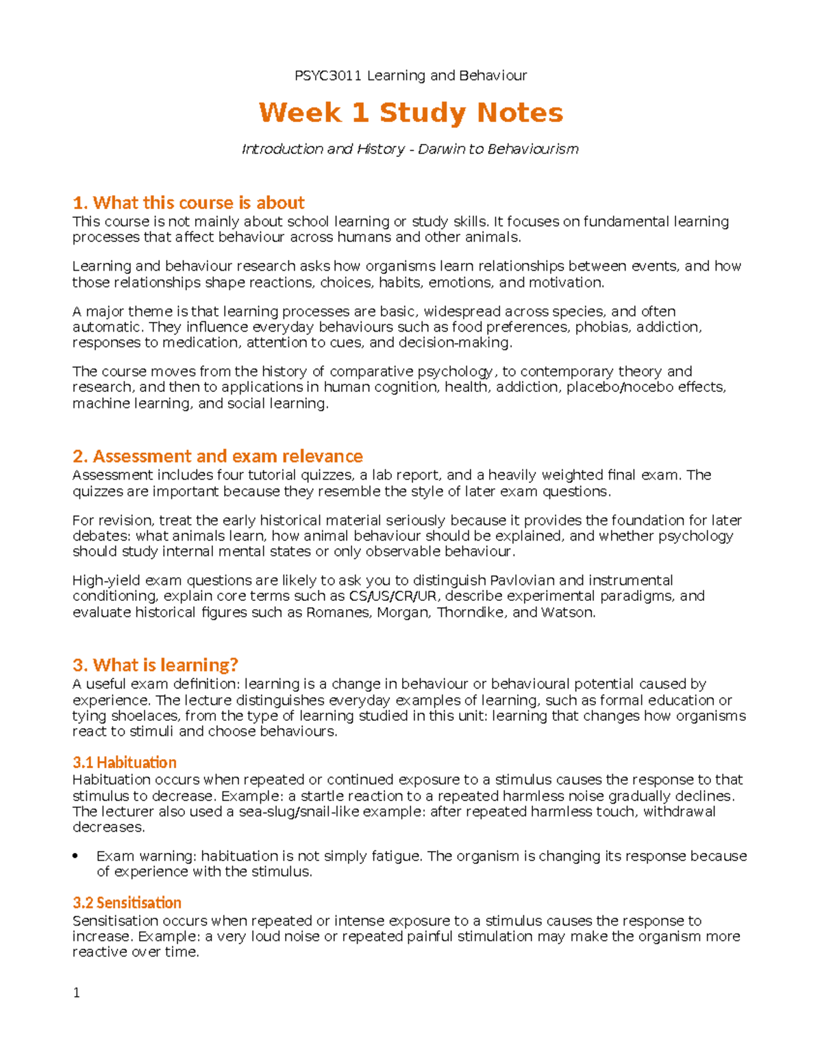 PSYC3011 Week 1 Study Notes: Introduction to Learning & Behaviour - Studocu