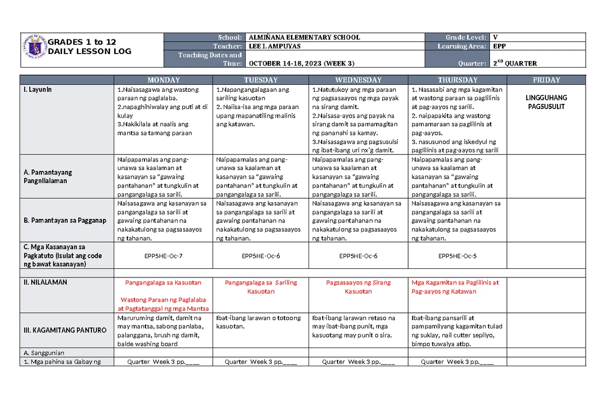 DLL Filipino 3 Q4 W4 - Daily Lesson Log for Grade III - Studocu