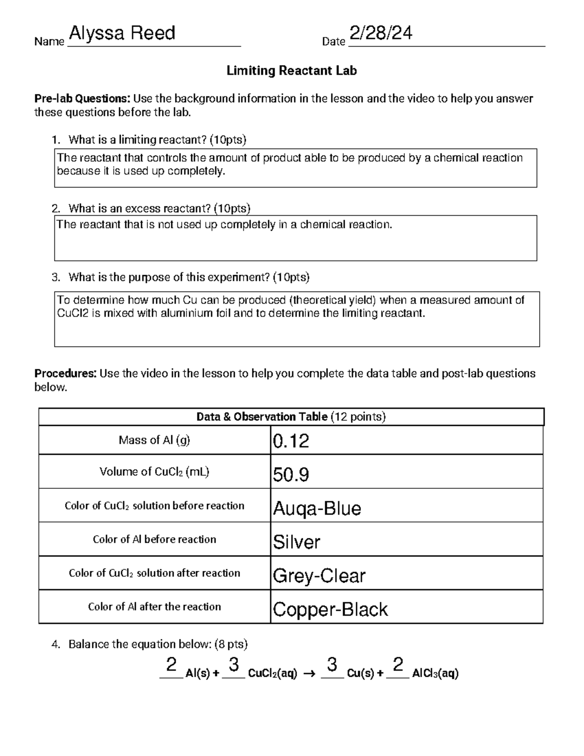 Limiting Reactant Lab (Chem 101): Pre-lab & Procedures Guide - Studocu