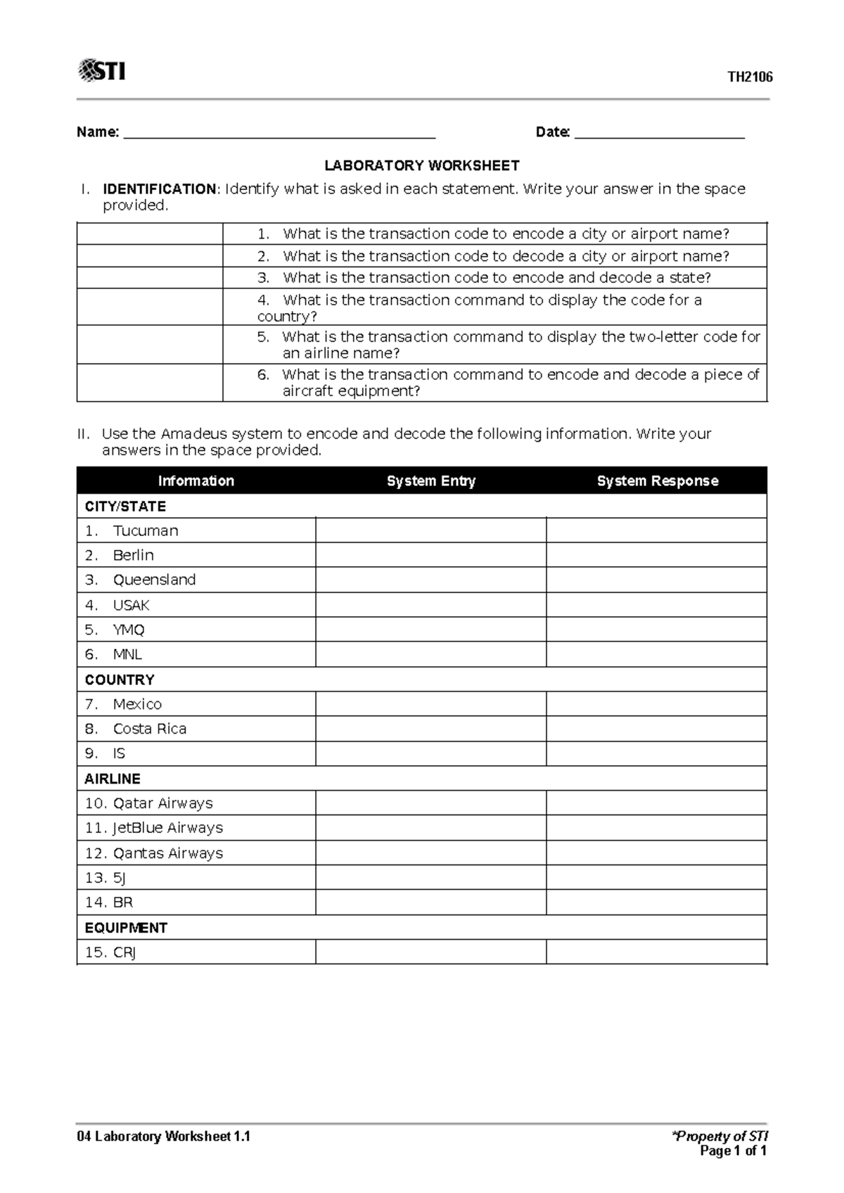 04 Laboratory Worksheet 1: Encoding & Decoding Codes in Amadeus TH ...