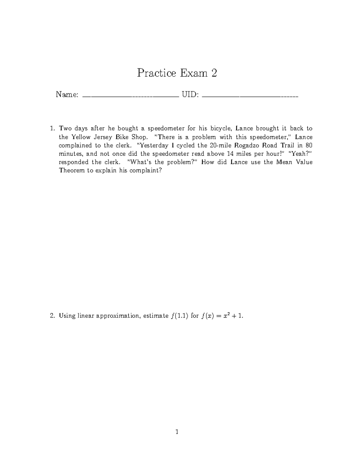 Practice Exam 2: Mean Value Theorem & Linear Approximation - Studocu