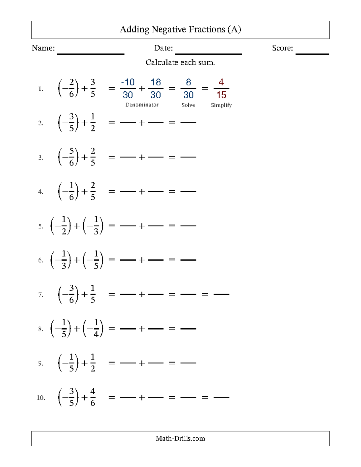 Adding Negative Fractions: Practice Problems and Solutions - Studocu