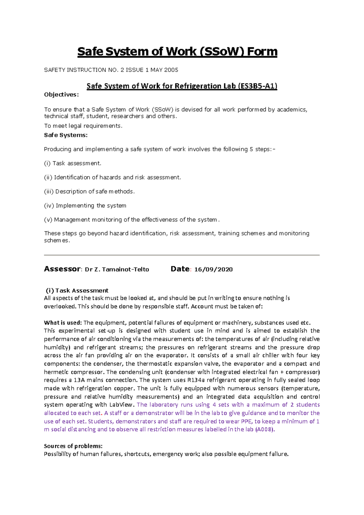 Safe System of Work (SSoW) for Refrigeration Lab ES3B5 - 2020-2021 ...