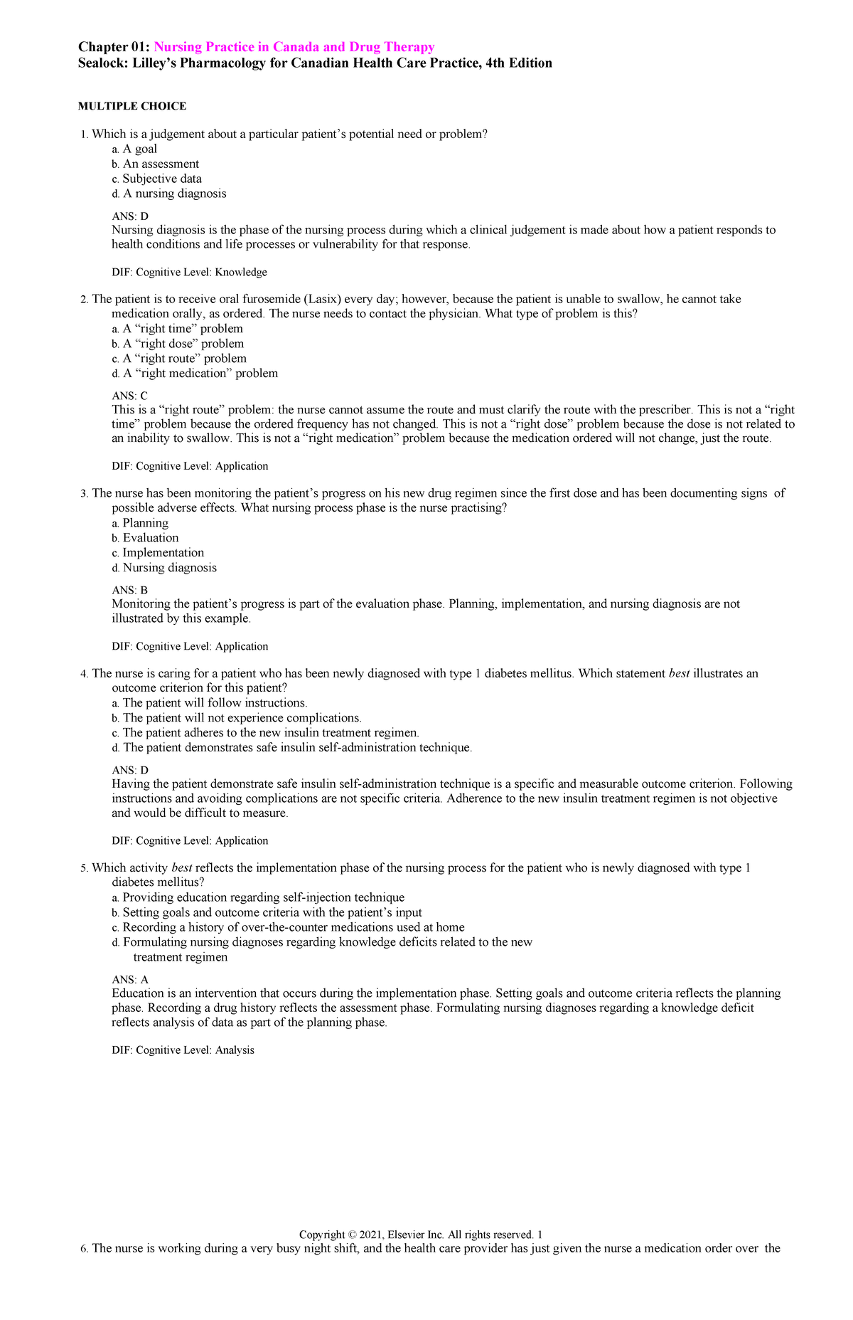 Chapter 01: Nursing Practice in Canada and Drug Therapy - Multiple ...