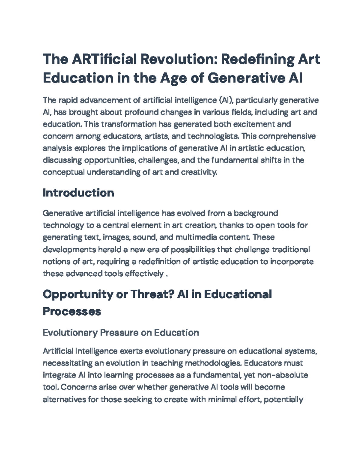 The ARTificial Revolution: Impacts of Generative AI on Art Education ...