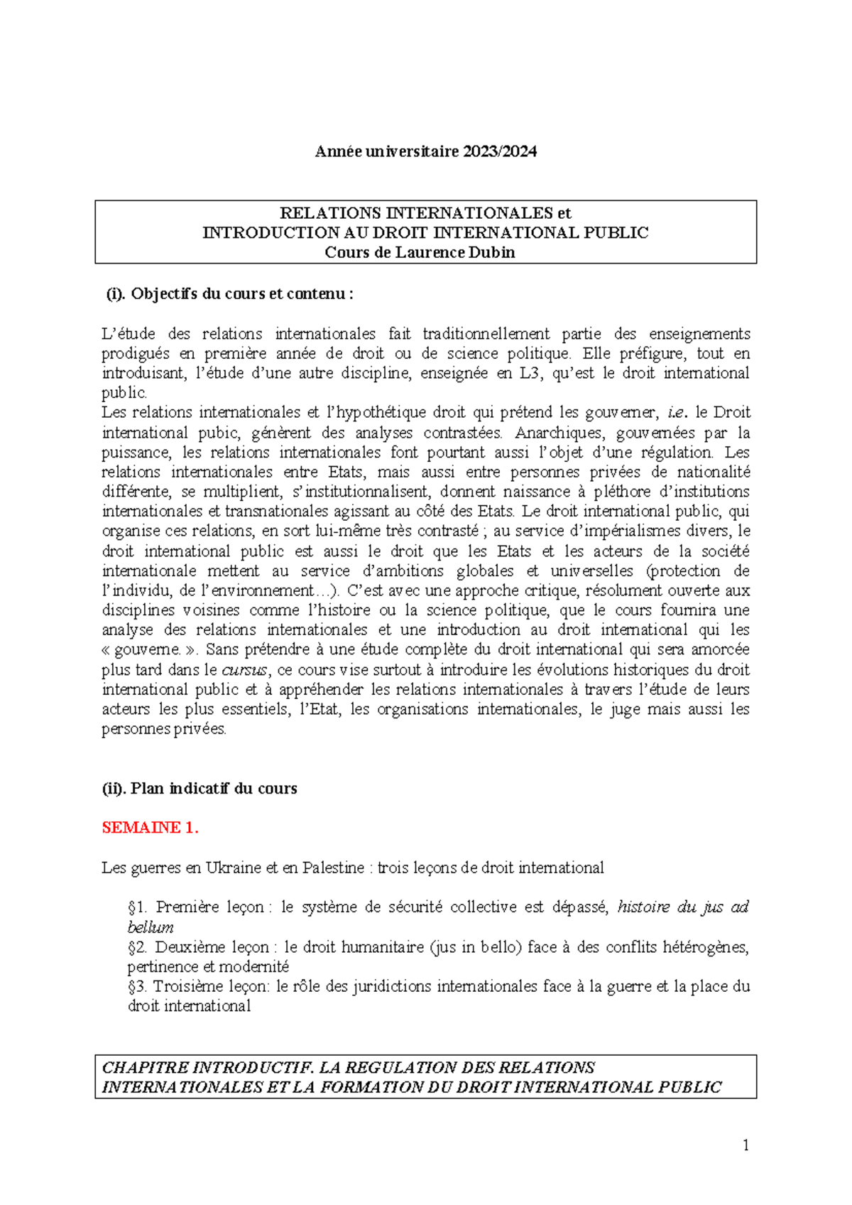 Plan de Cours 2024 : Relations Internationales et Droit International ...