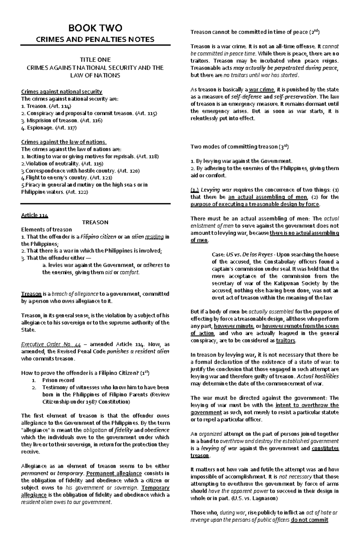 Reyes Book 2 Criminal Law T1: Crimes Against National Security Notes ...
