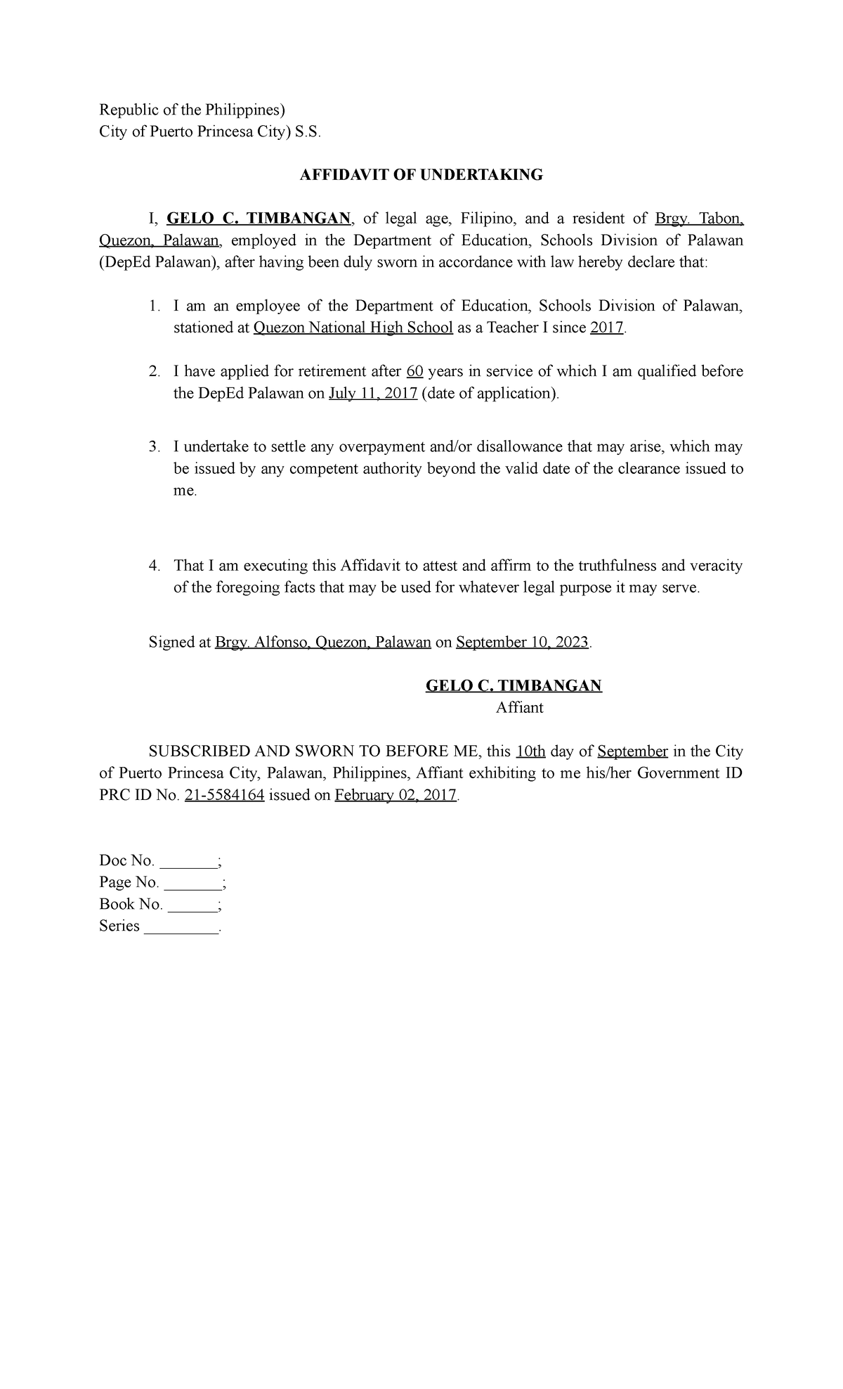 Affidavit of Undertaking for Retirement - DepEd Palawan - Studocu