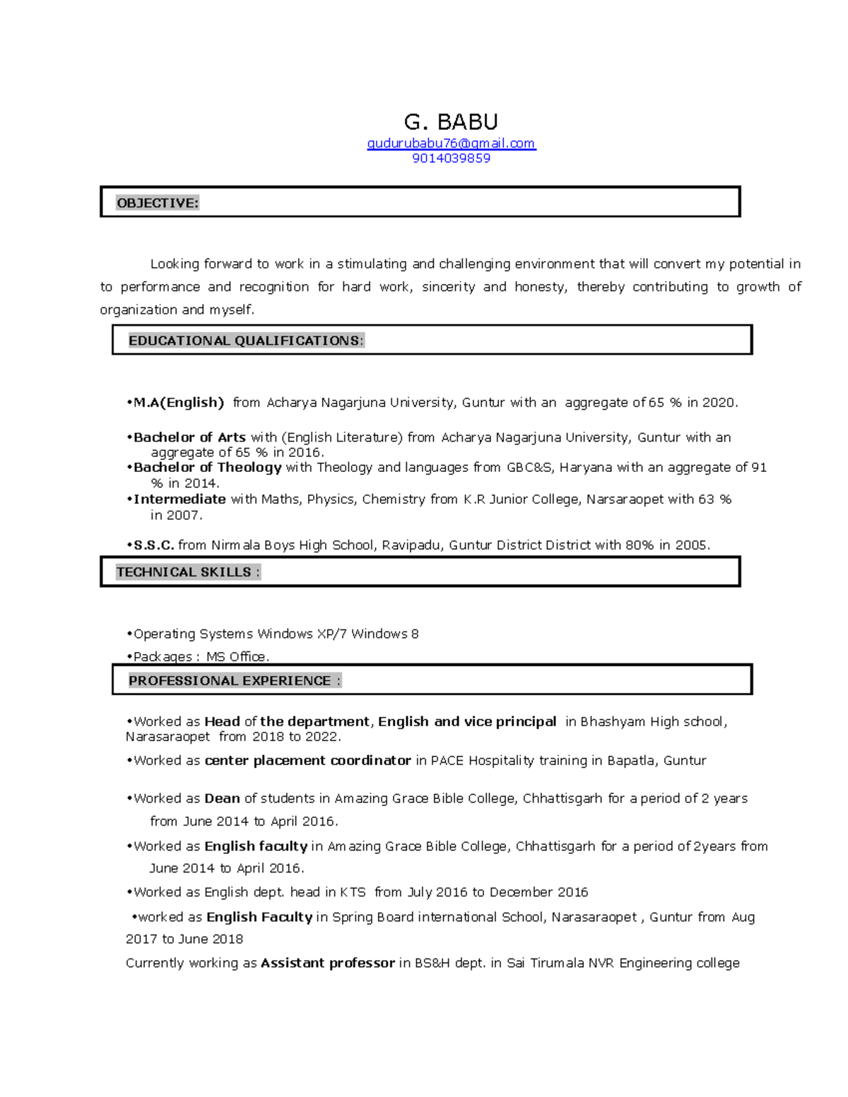 Resume Babu (1)-1 (1) (1) - OBJECTIVE: TECHNICAL SKILLS : G. BABU ...