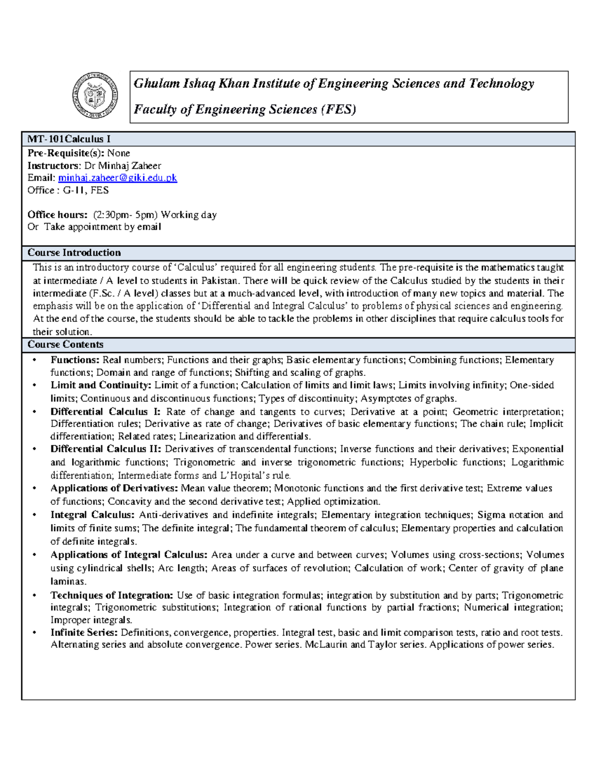 MT-101 Final Exam Syllabus for Calculus I: Key Topics and Outcomes ...
