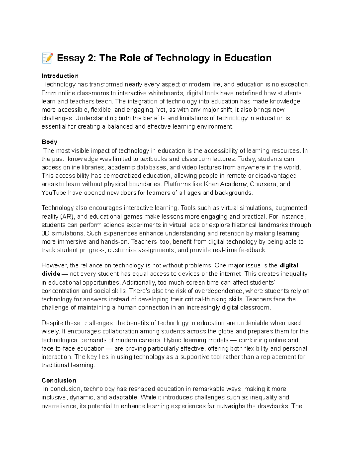 Essay 2: Impact of Technology on Modern Education - Studocu