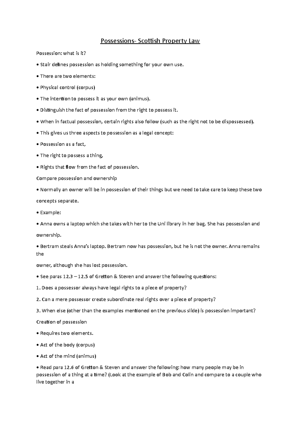 Scottish Property Law - Lecture Notes on Possession (Lec 5-6) - Studocu