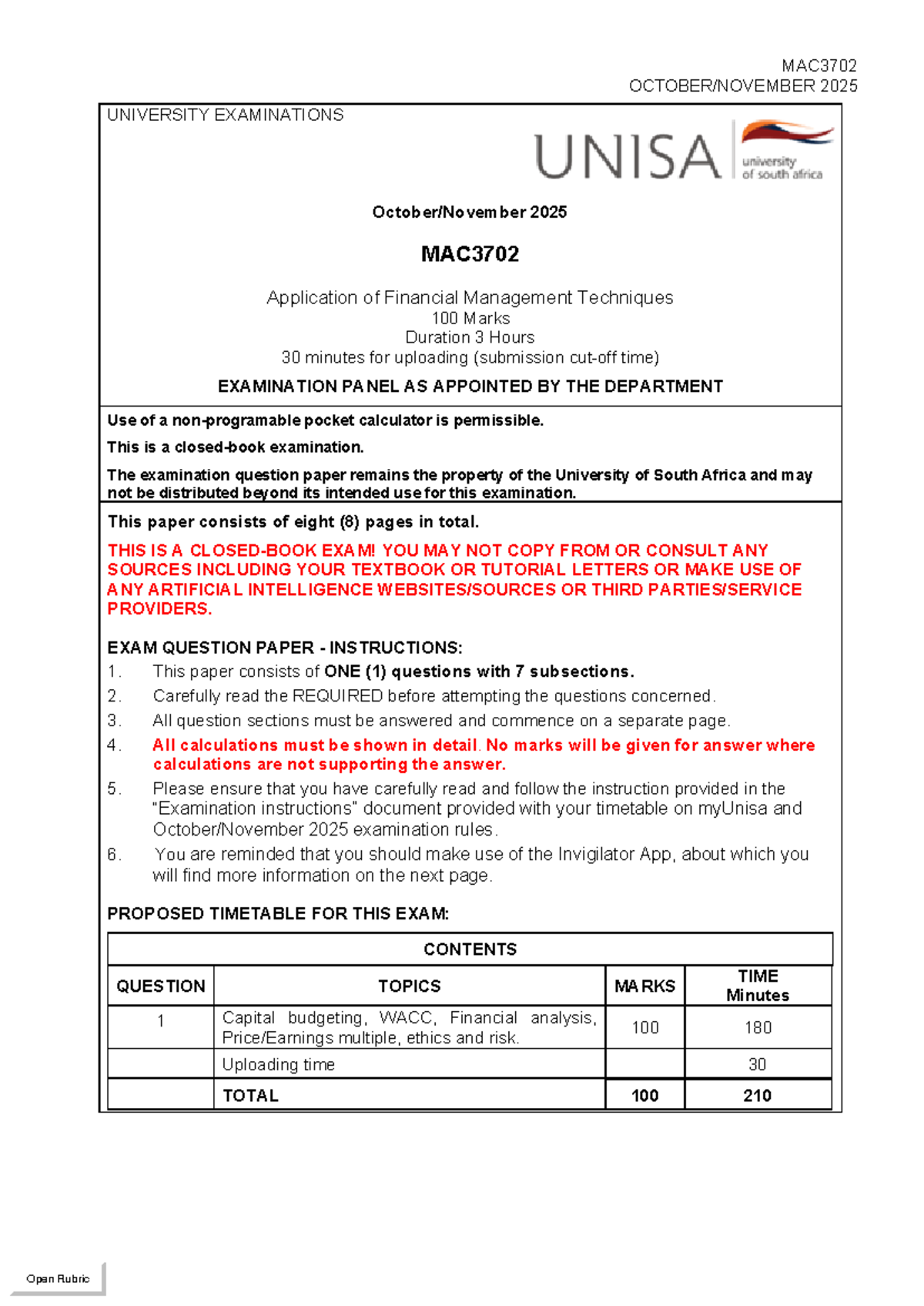 MAC3702 2025 Final Exam: Application of Financial Management Techniques ...