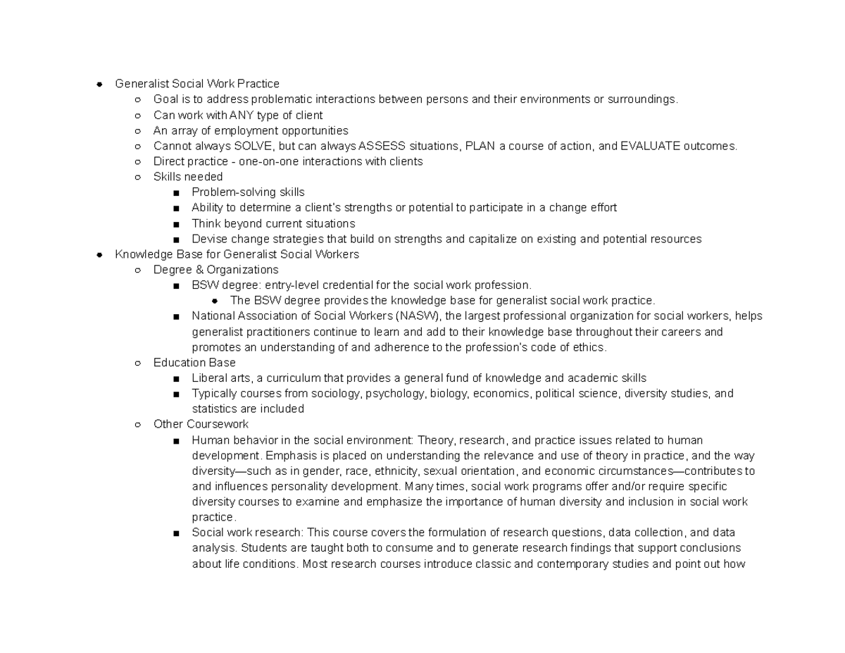 Chapter 3: Notes on Generalist Social Work Practice and Theory - Studocu