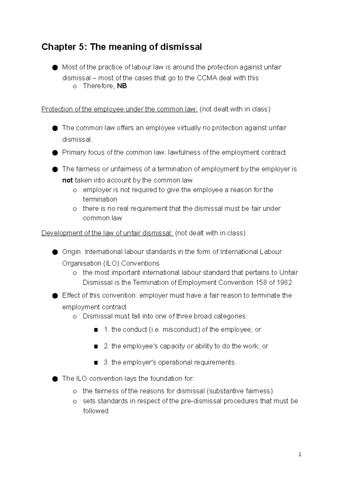 Labour law exam notes - Chapter 5: The meaning of dismissal Most of the ...