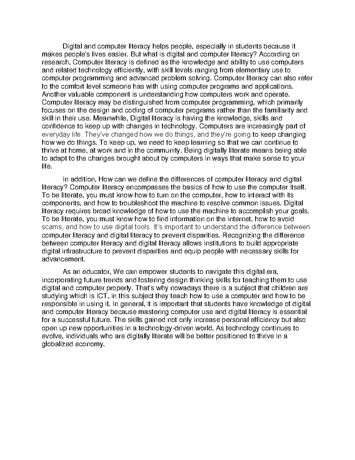 Scenario 1 answer - Digital and computer literacy helps people ...