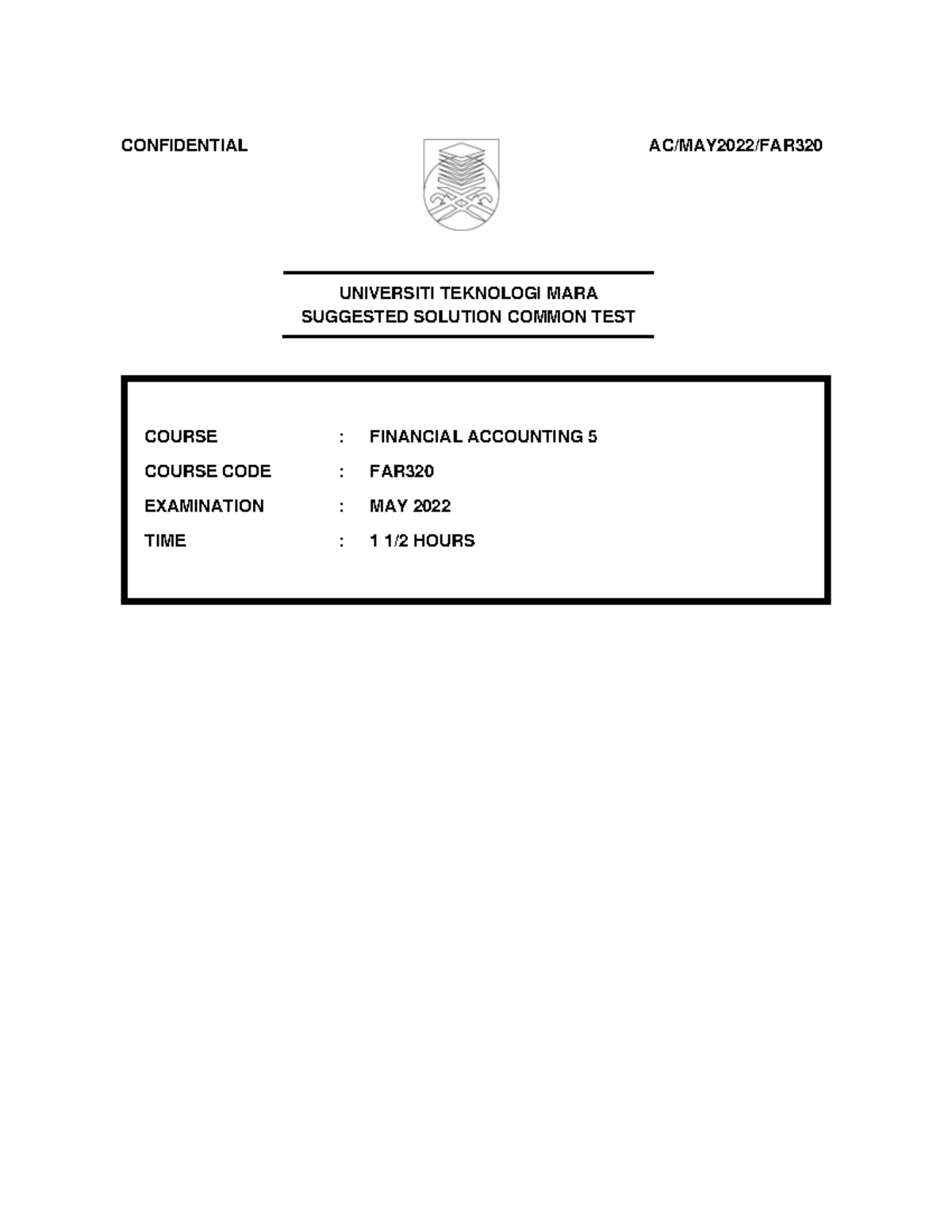 CT FAR320 SS MAY 2022 - SOLUTIONS FOR COMMON TEST IN FINANCIAL ACCOUNTING - Document Preview