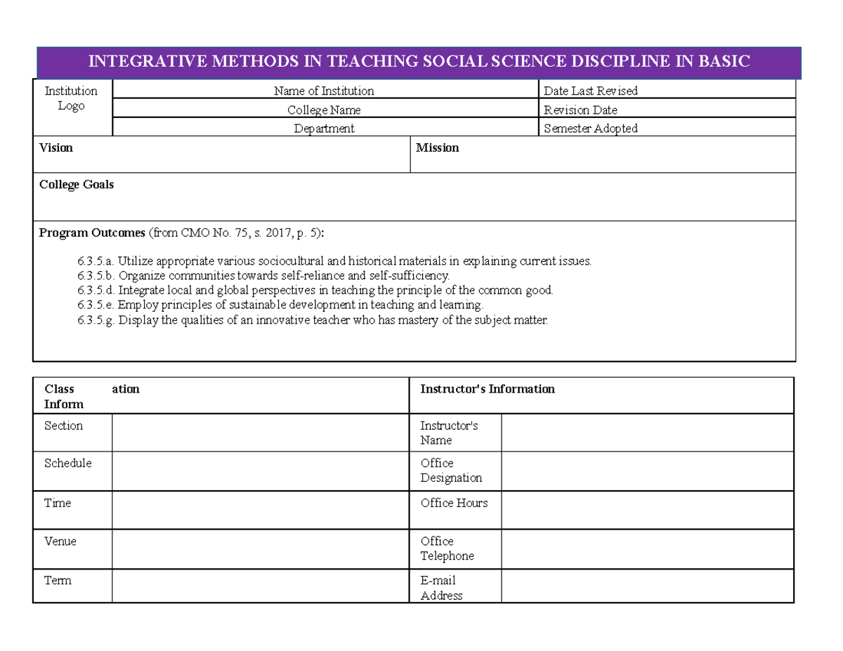 SSE117 - Syllabus for Integrative Methods in Teaching Social Science ...