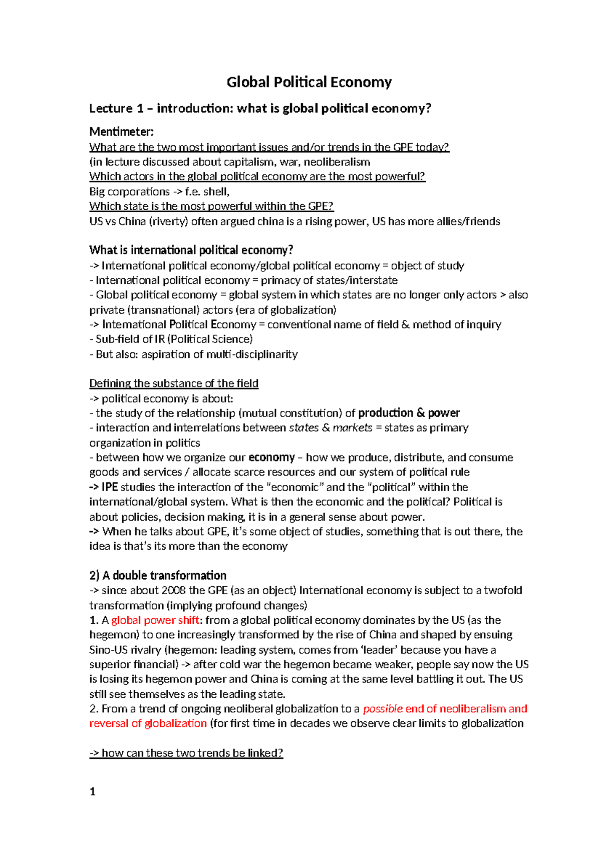 Global Political Economy - GPE Lecture Notes: Key Theories & Trends ...