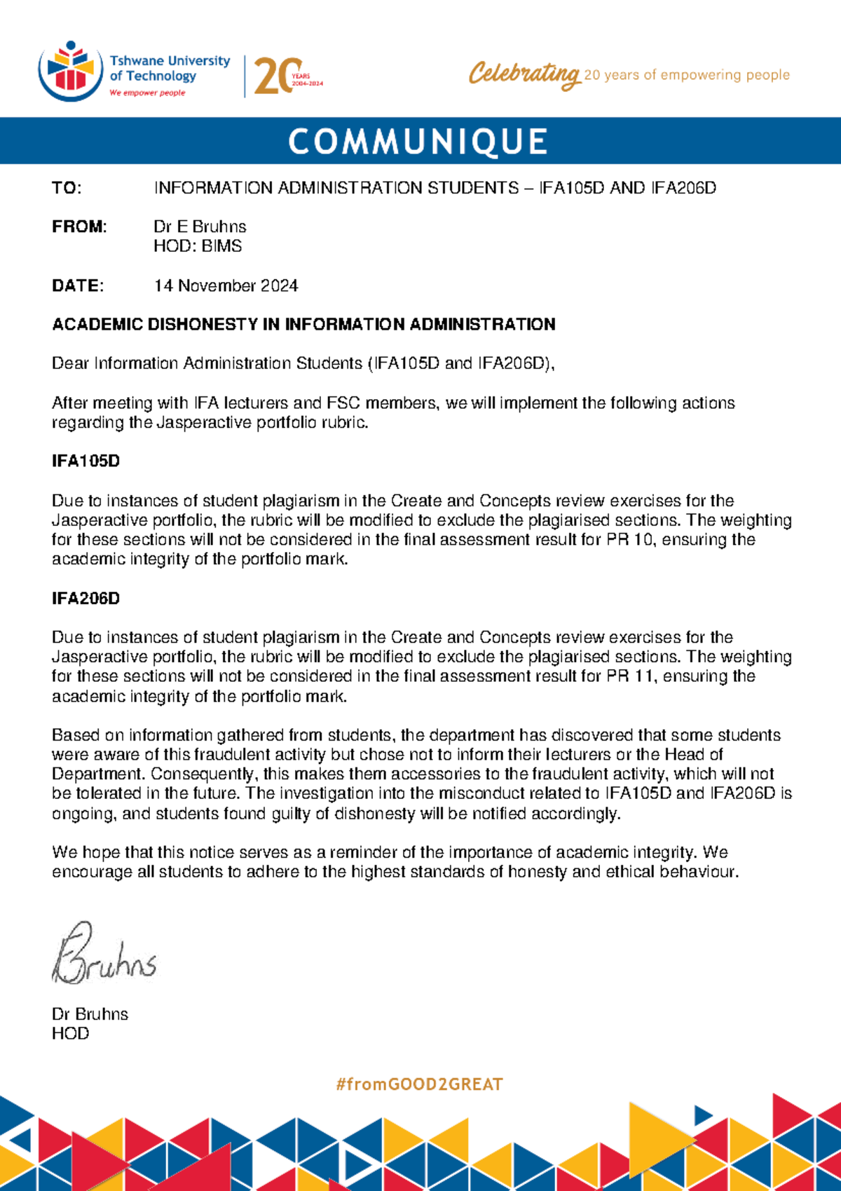 Final Notice on Academic Dishonesty for IFA105D & IFA206D Students ...