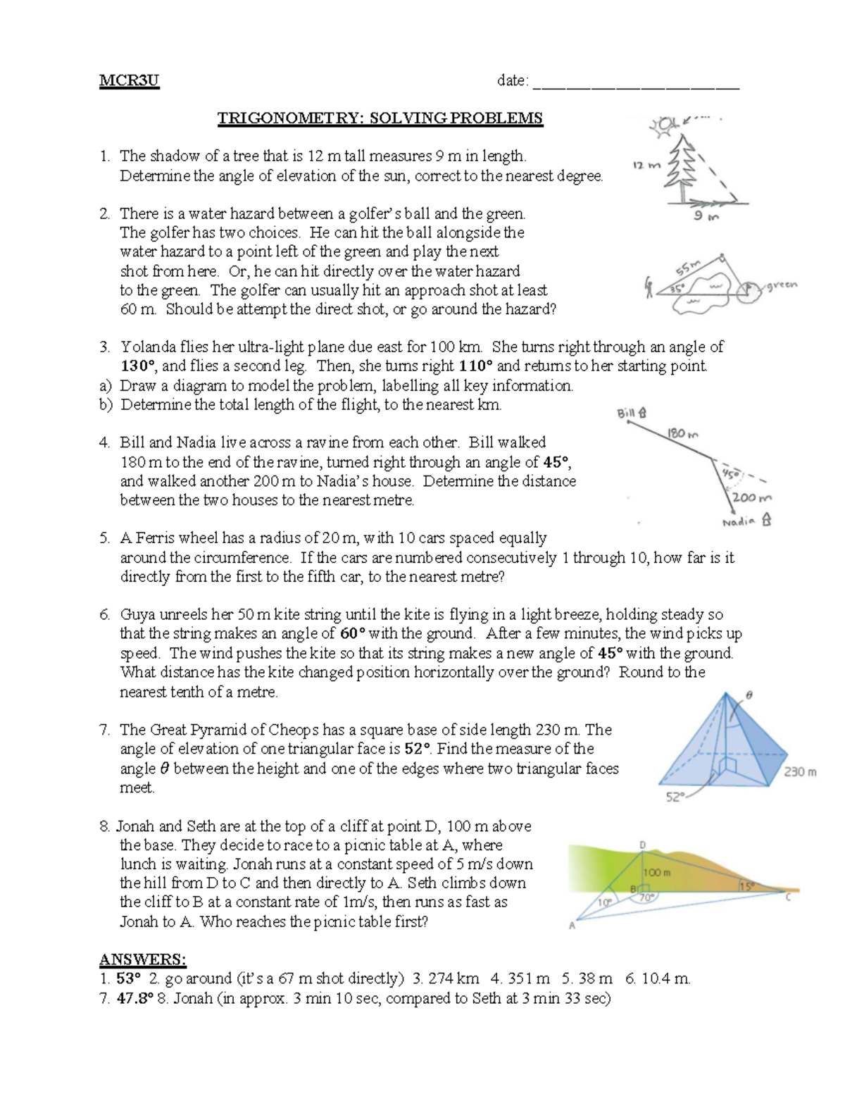 MCR3U Trigonometry Word Problems: 2D & 3D Solutions - Studocu