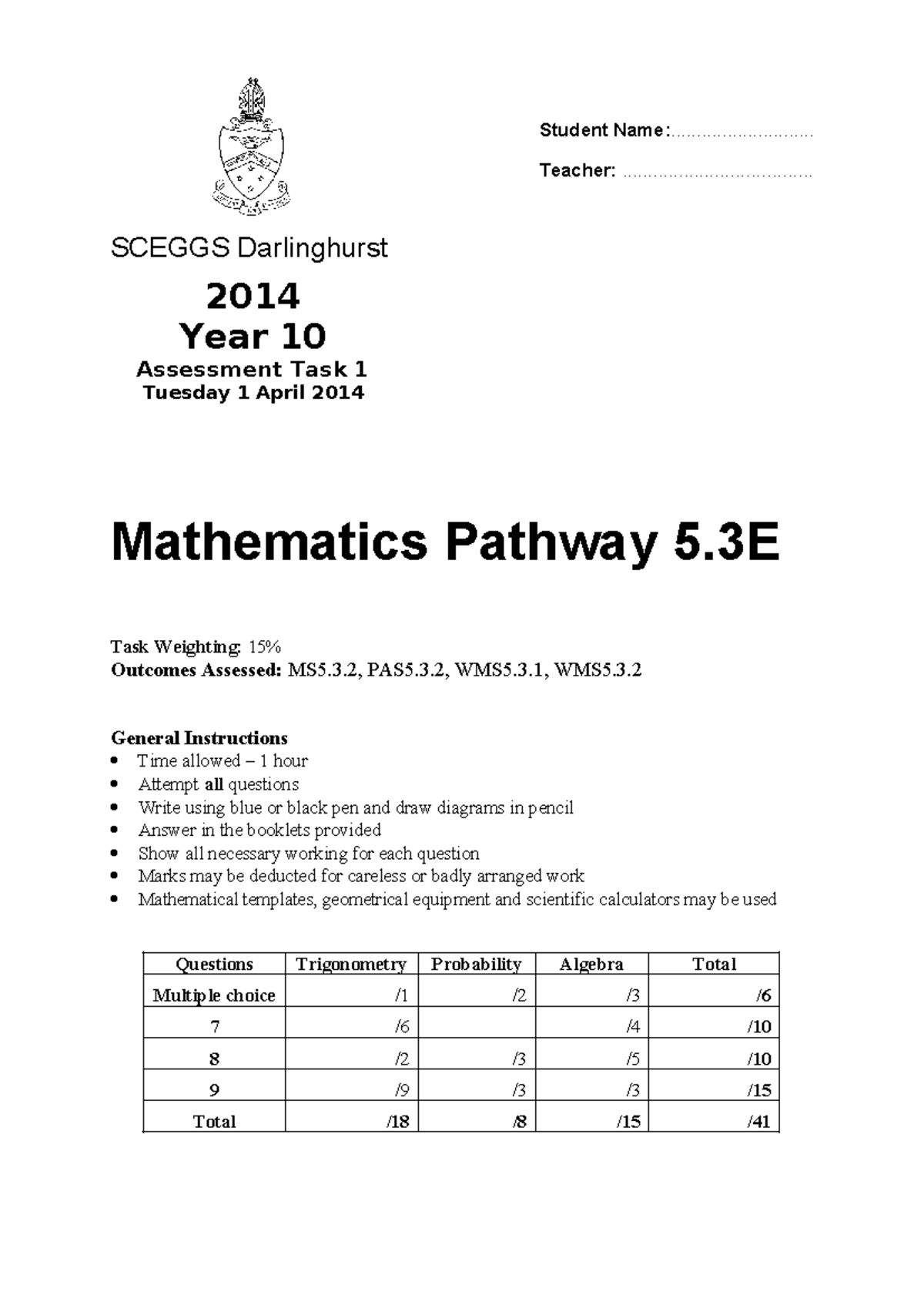 Year 10 Mathematics Pathway 5.3E Assessment Task 1 Notes - Studocu