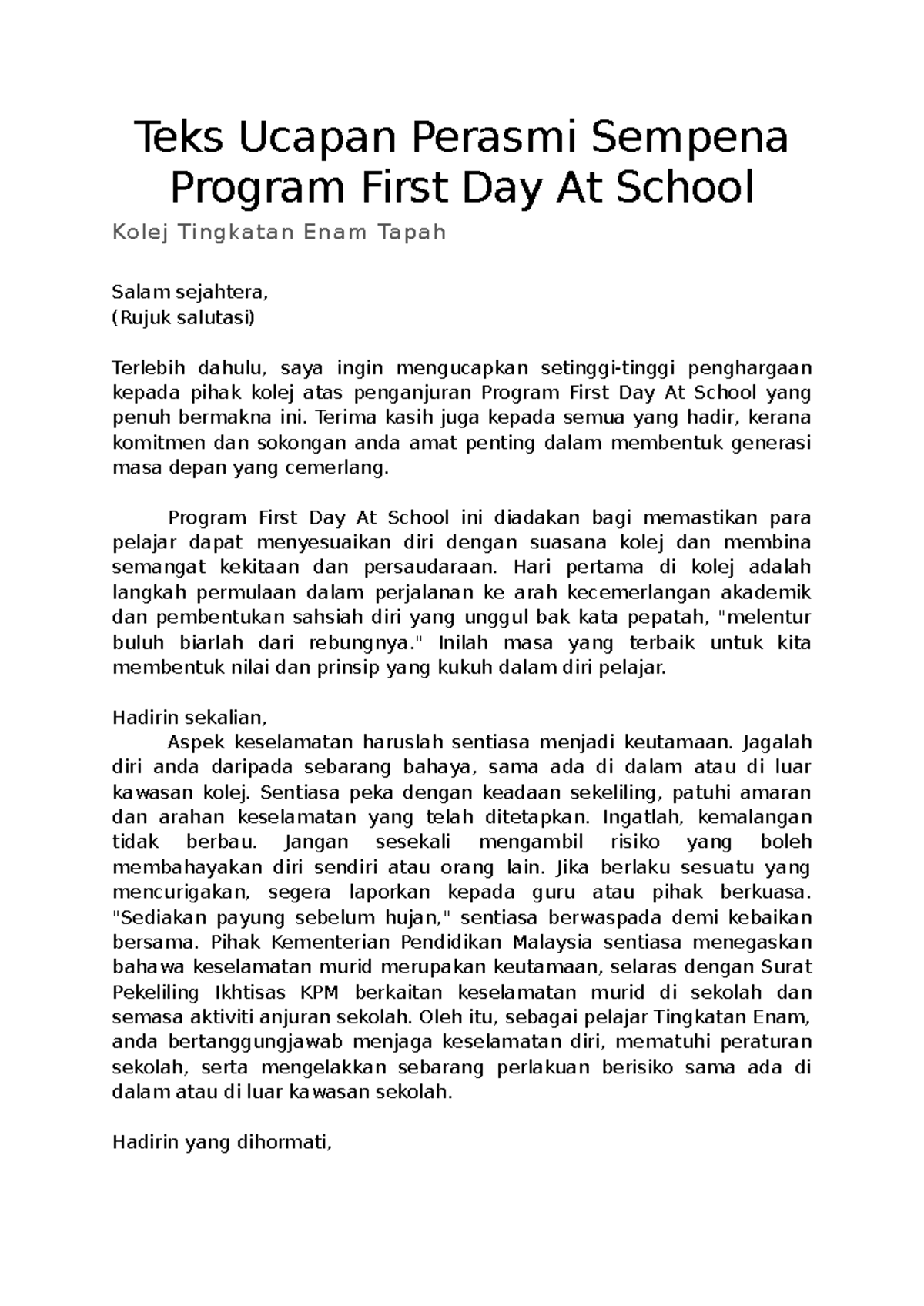 Teks Ucapan Perasmi Program First Day At School 2026 - Studocu