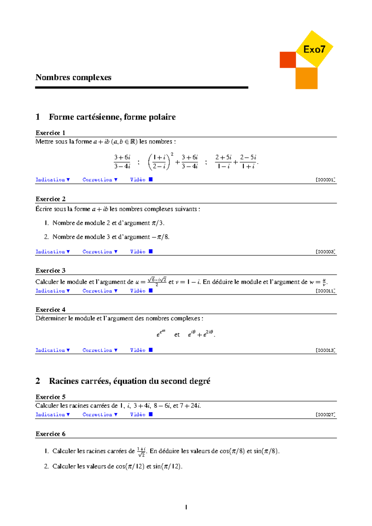 Exercice sur les Nombres Complexes - Exo7 Nombres Complexes 1 - Studocu