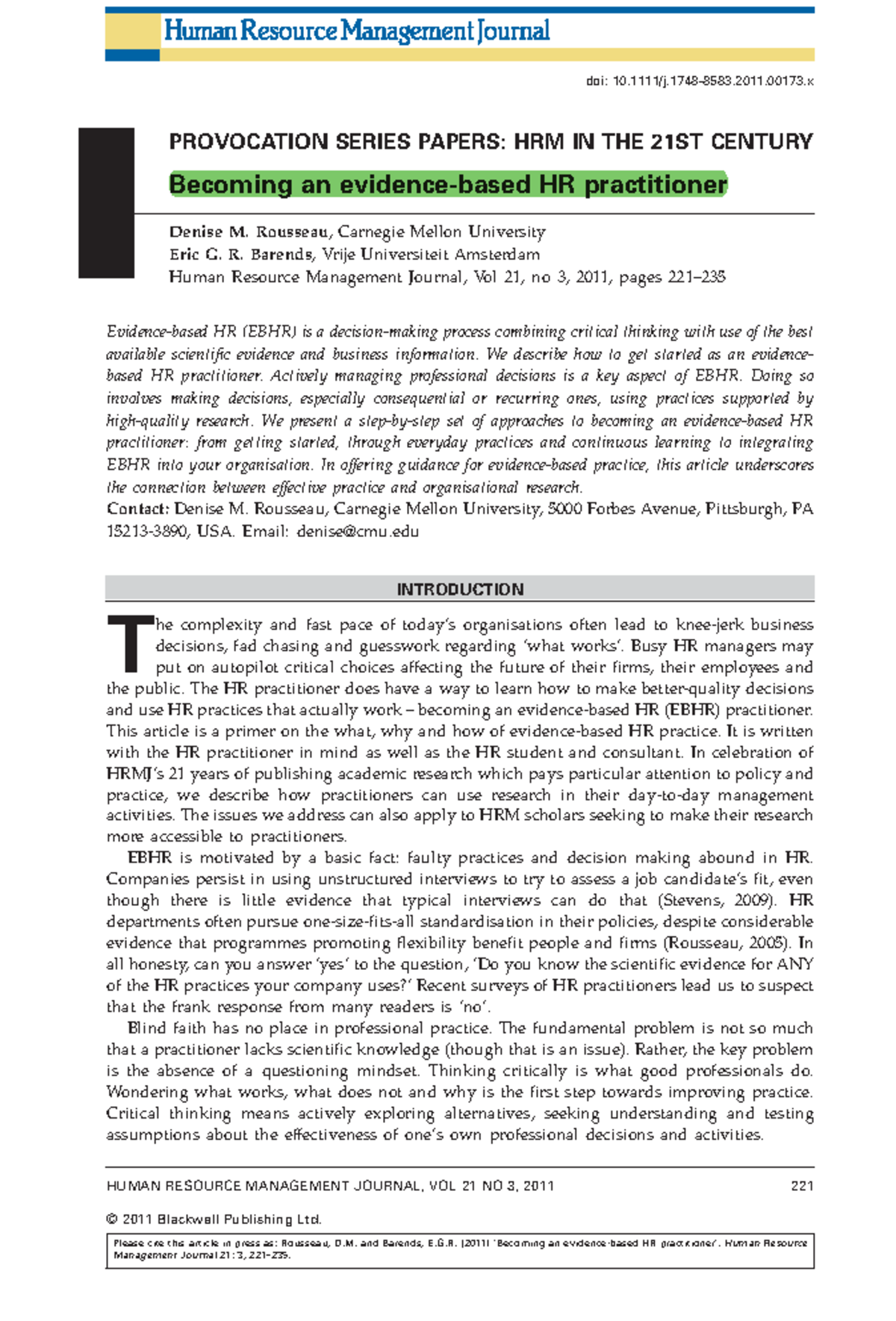 Becoming an Evidence-Based HR Practitioner: Insights from Rousseau ...