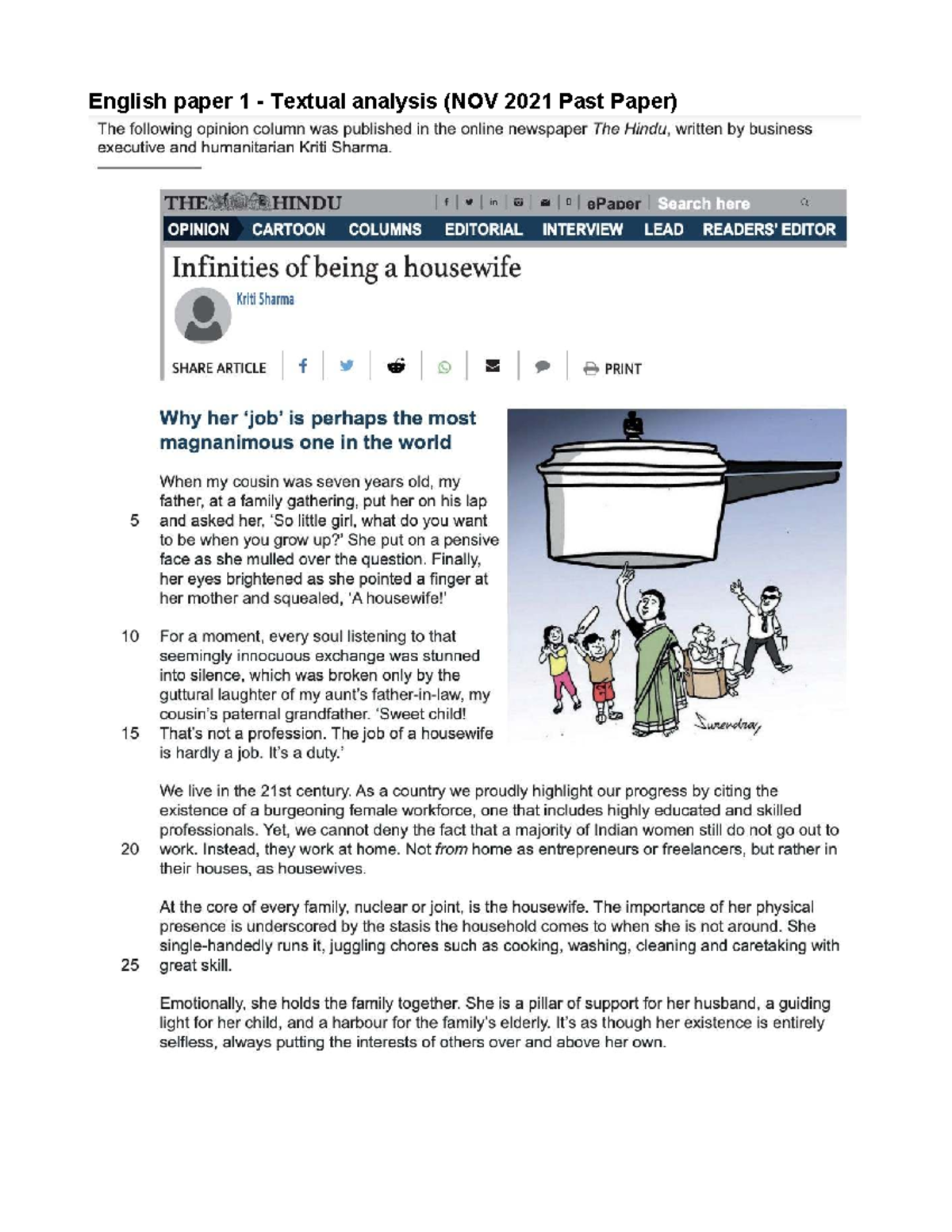 English Paper 1 - Textual Analysis: The Role of Housewives in Society ...